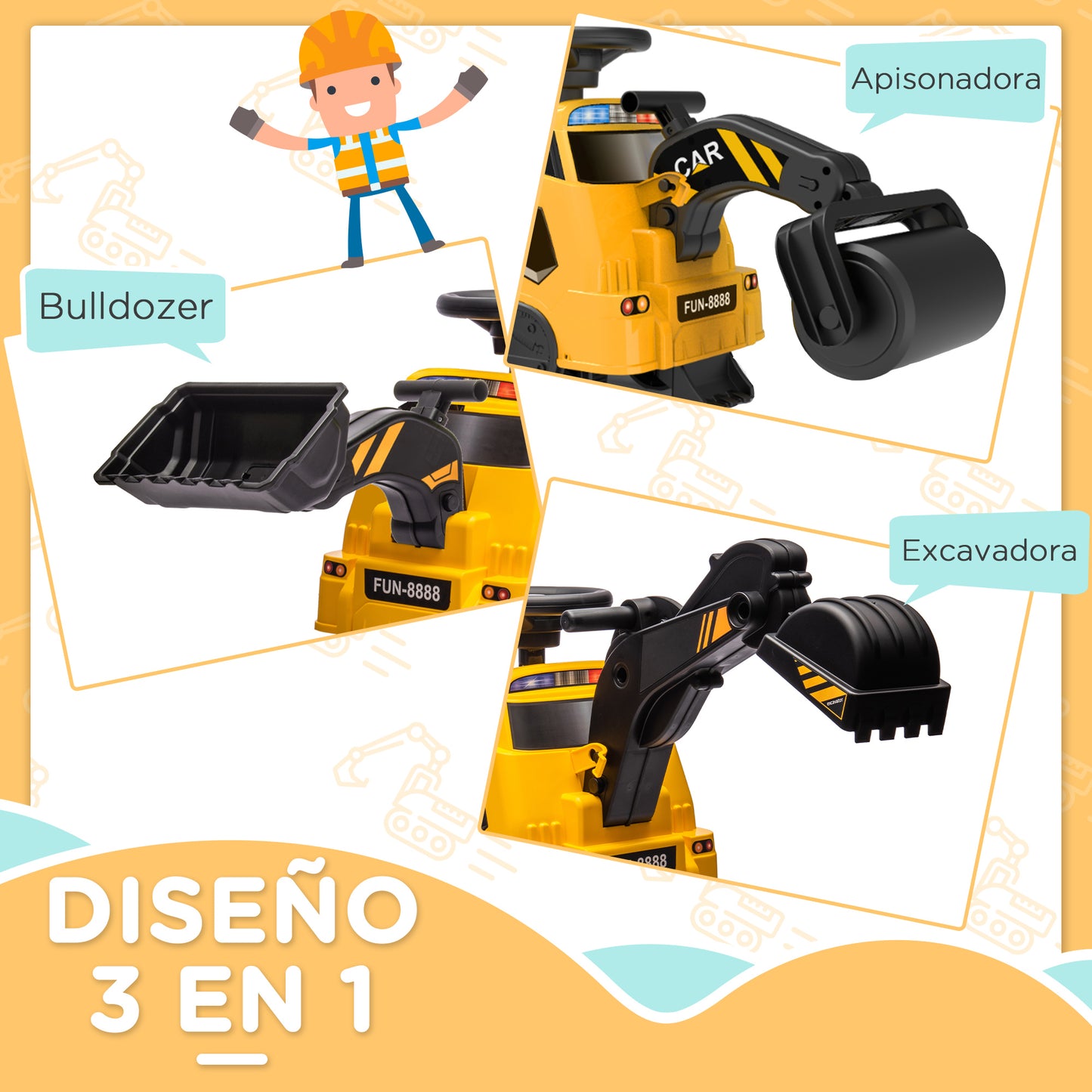 HOMCOM Tractor Excavadora Eléctrica para Niños de +18 Meses Vehículo Infantil 3 en 1 con Batería 6V Pala y Apisonadora Carga 25 kg 100x43x48,5 cm Negro y Amarillo