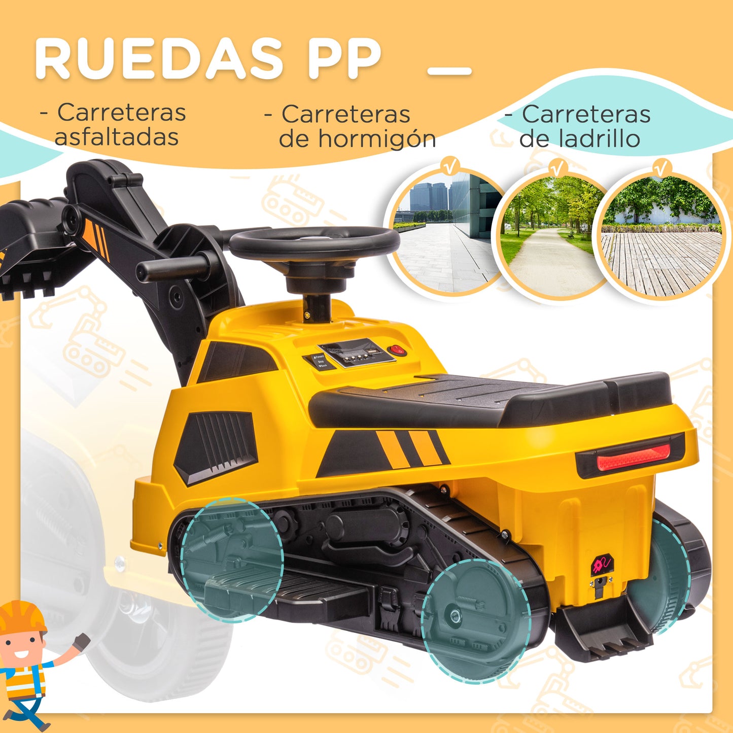 HOMCOM Tractor Excavadora Eléctrica para Niños de +18 Meses Vehículo Infantil 3 en 1 con Batería 6V Pala y Apisonadora Carga 25 kg 100x43x48,5 cm Negro y Amarillo