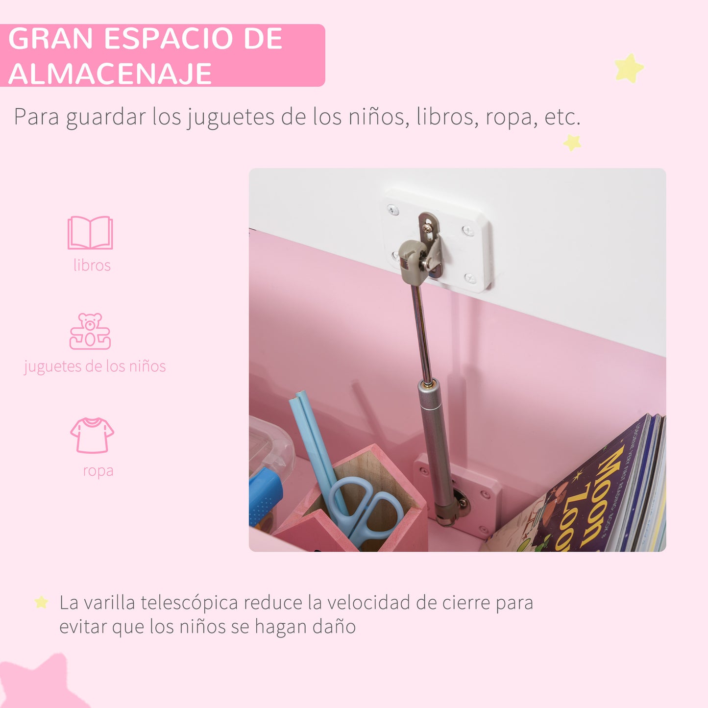 HOMCOM Baúl para Juguetes Banco Almacenaje para Niños con Respaldo y Tapa Amortiguadora Carga 40 kg para Salas de Juego Dormitorio 60x30x50 cm Rosa y Blanco