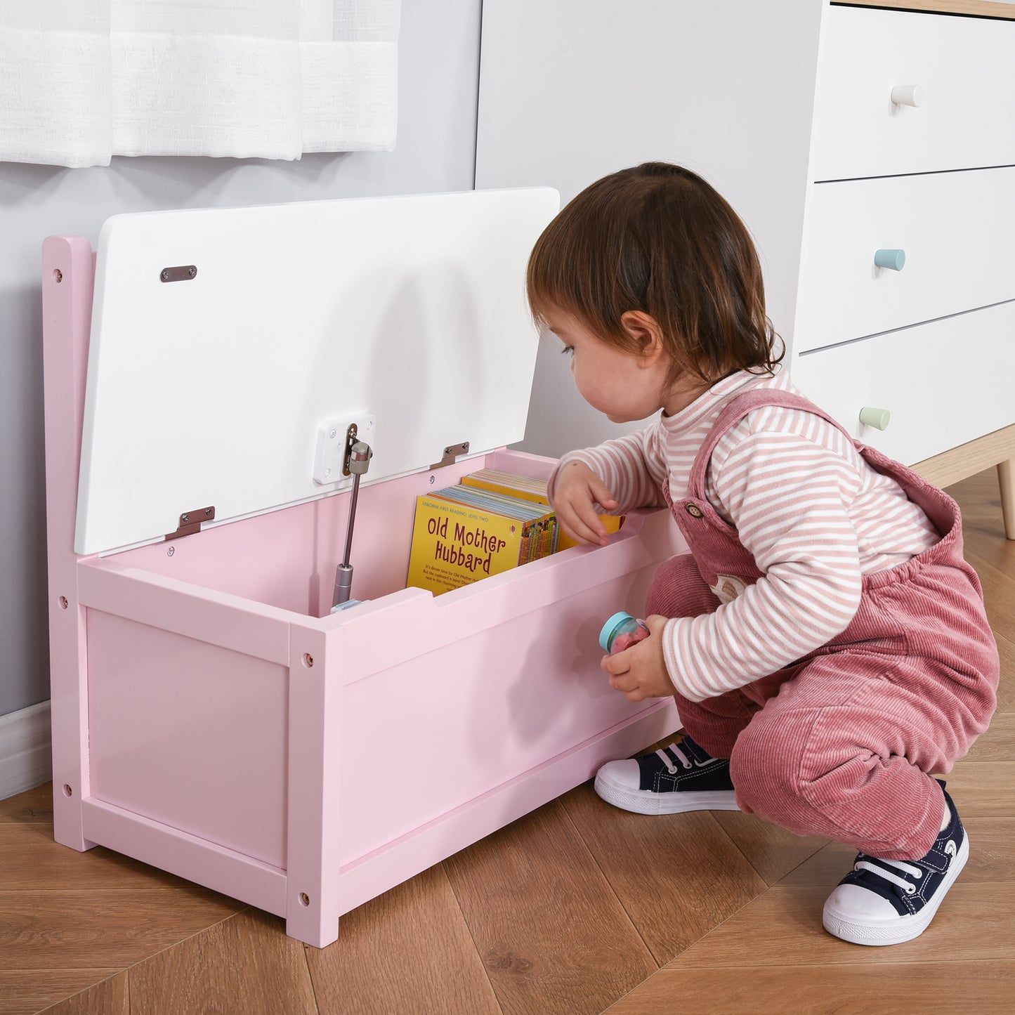 HOMCOM Baúl para Juguetes Banco Almacenaje para Niños con Respaldo y Tapa Amortiguadora Carga 40 kg para Salas de Juego Dormitorio 60x30x50 cm Rosa y Blanco