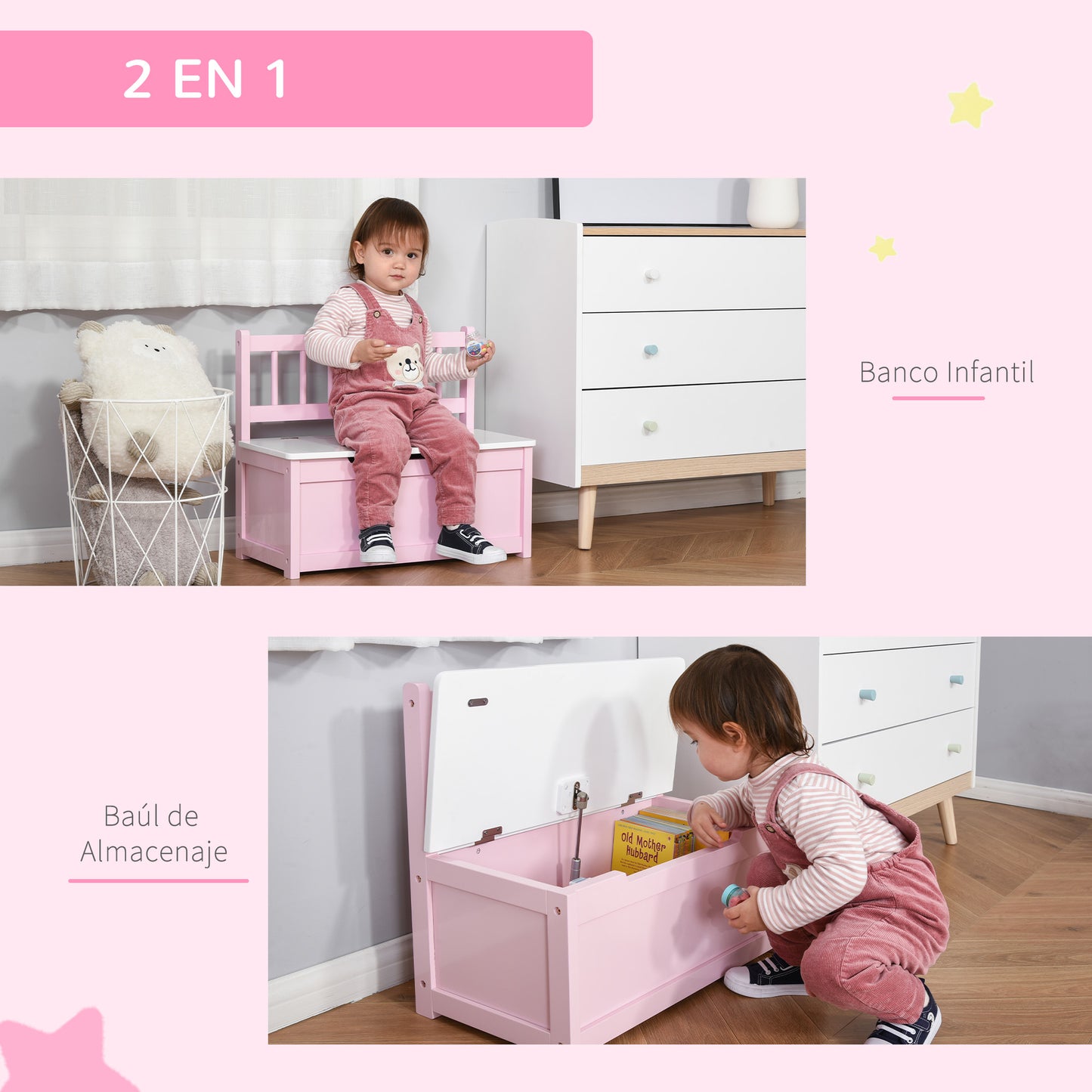 HOMCOM Baúl para Juguetes Banco Almacenaje para Niños con Respaldo y Tapa Amortiguadora Carga 40 kg para Salas de Juego Dormitorio 60x30x50 cm Rosa y Blanco