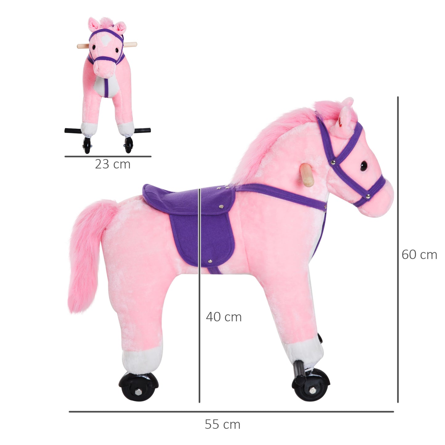 HOMCOM Caballito para Bebes de +36 Meses Caballo con Ruedas Sonidos de Relincho Palos y Pedales Carga 60 kg 55x23x60 cm Rosa