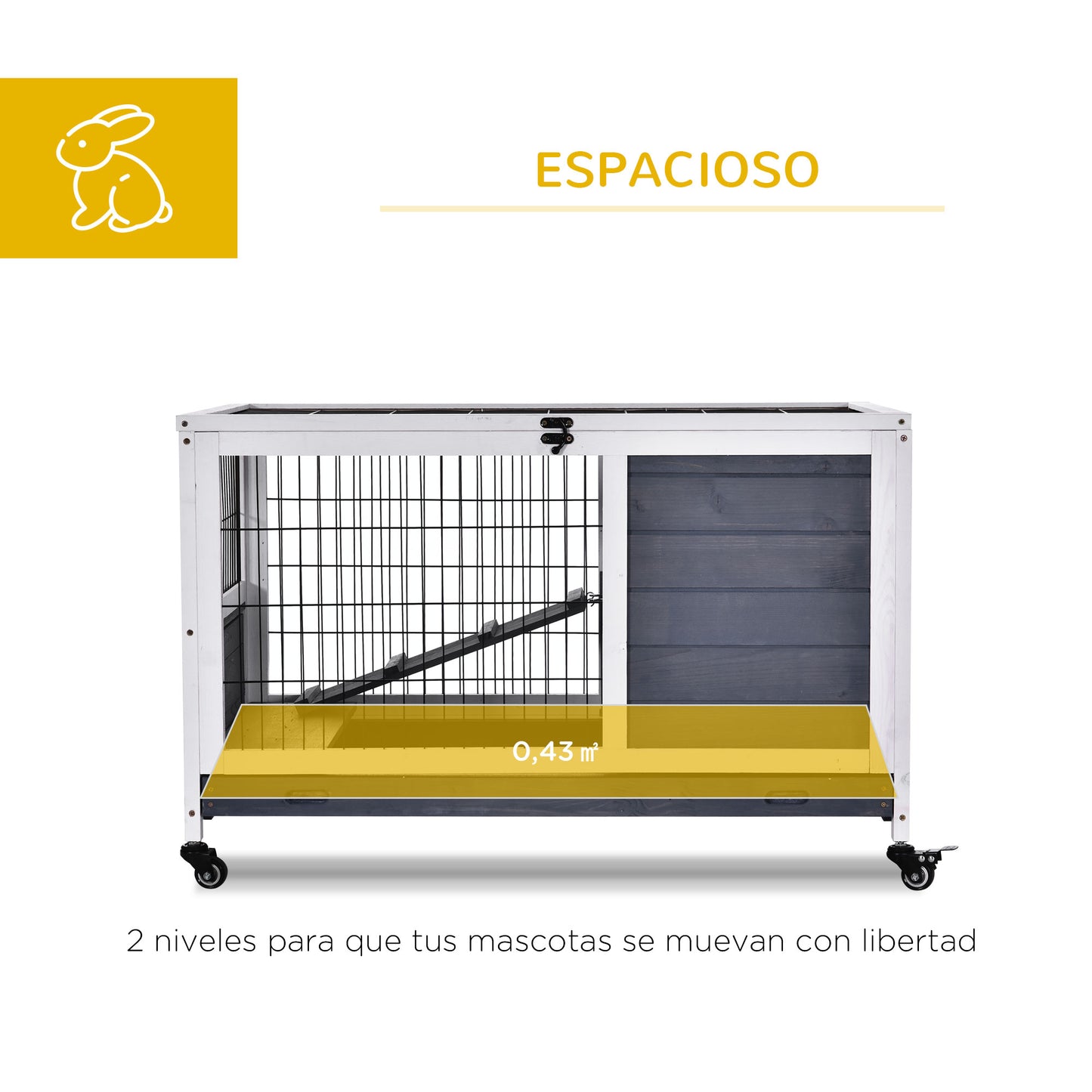 PawHut Jaula para Conejos de Madera 90x53x59 cm Conejera para Mascotas Pequeñas Portátil Interior con Techo Abrible Rampa Bandeja Extraíble para Conejillos de Indias Gris y Blanco