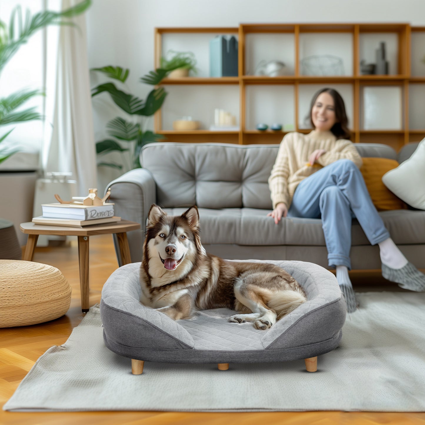 PawHut Sofá para Perros Medianos y Grandes Sofá para Mascotas con Parte Superior Desmontable Funda Lavable y Patas de Madera Carga 25 kg 90x78x25 cm Gris