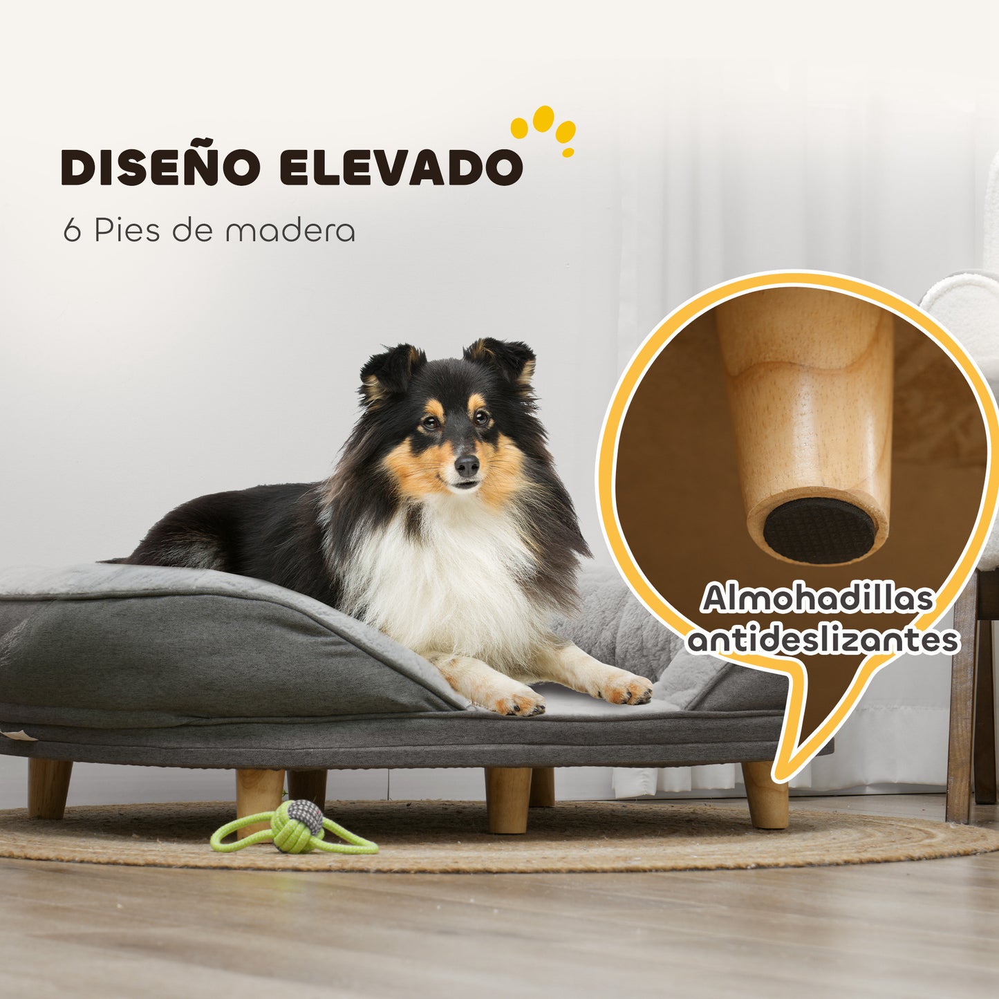 PawHut Sofá para Perros Medianos y Grandes Sofá para Mascotas con Parte Superior Desmontable Funda Lavable y Patas de Madera Carga 25 kg 90x78x25 cm Gris