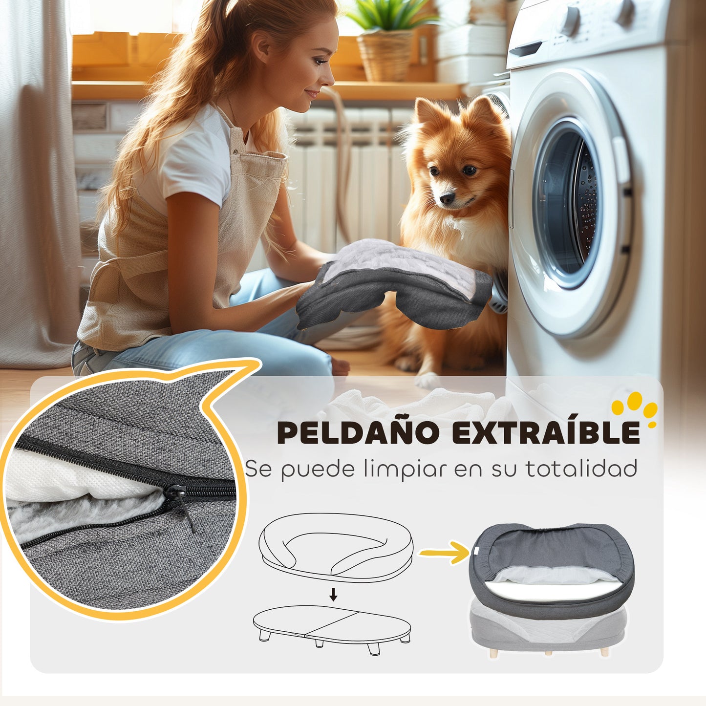 PawHut Sofá para Perros Medianos y Grandes Sofá para Mascotas con Parte Superior Desmontable Funda Lavable y Patas de Madera Carga 25 kg 90x78x25 cm Gris