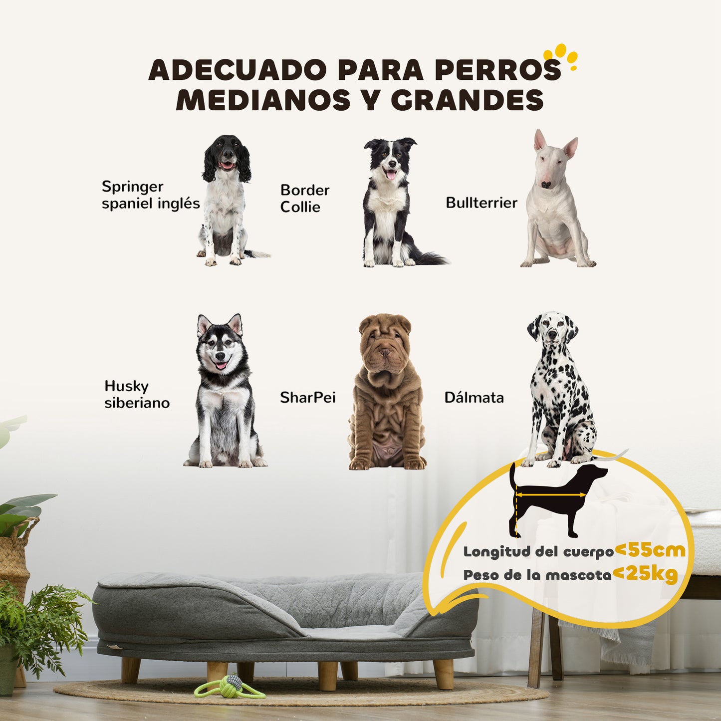 PawHut Sofá para Perros Medianos y Grandes Sofá para Mascotas con Parte Superior Desmontable Funda Lavable y Patas de Madera Carga 25 kg 90x78x25 cm Gris