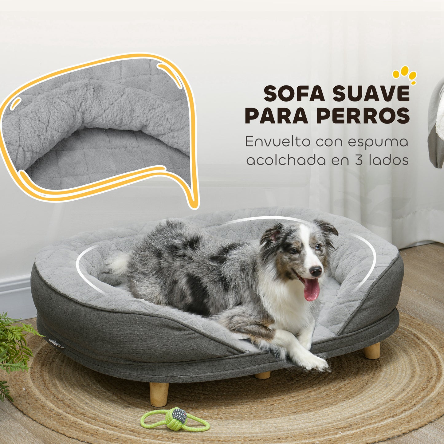 PawHut Sofá para Perros Medianos y Grandes Sofá para Mascotas con Parte Superior Desmontable Funda Lavable y Patas de Madera Carga 25 kg 90x78x25 cm Gris