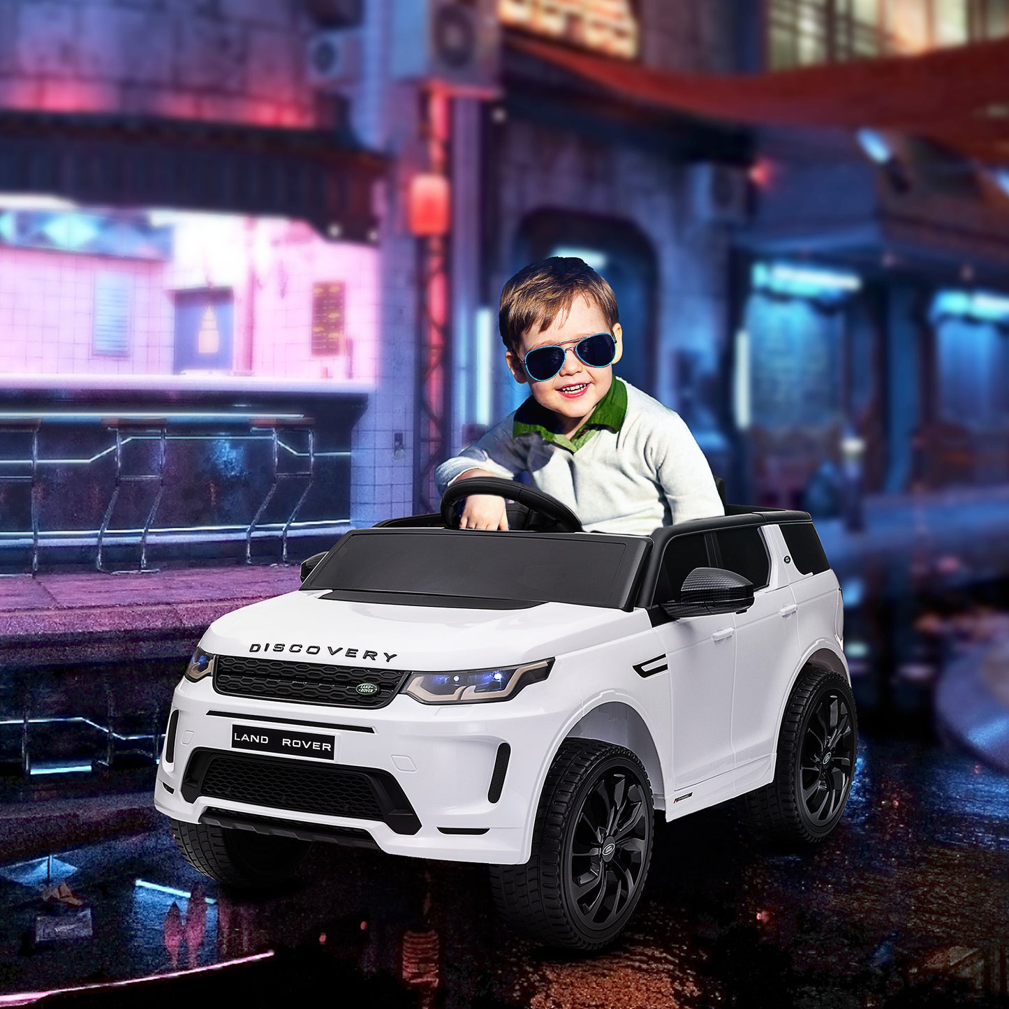 AIYAPLAY Coche Eléctrico para Niños de +3 Años con Licencia Land Rover Discovery Sport Carro Eléctrico Infantil con Batería 12V Mando a Distancia Faros Bocina y Música Blanco