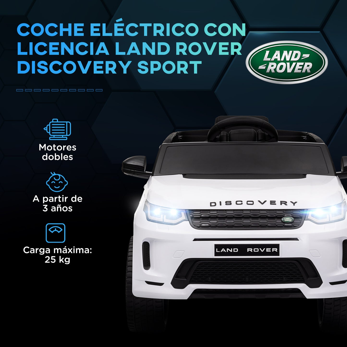 AIYAPLAY Coche Eléctrico para Niños de +3 Años con Licencia Land Rover Discovery Sport Carro Eléctrico Infantil con Batería 12V Mando a Distancia Faros Bocina y Música Blanco