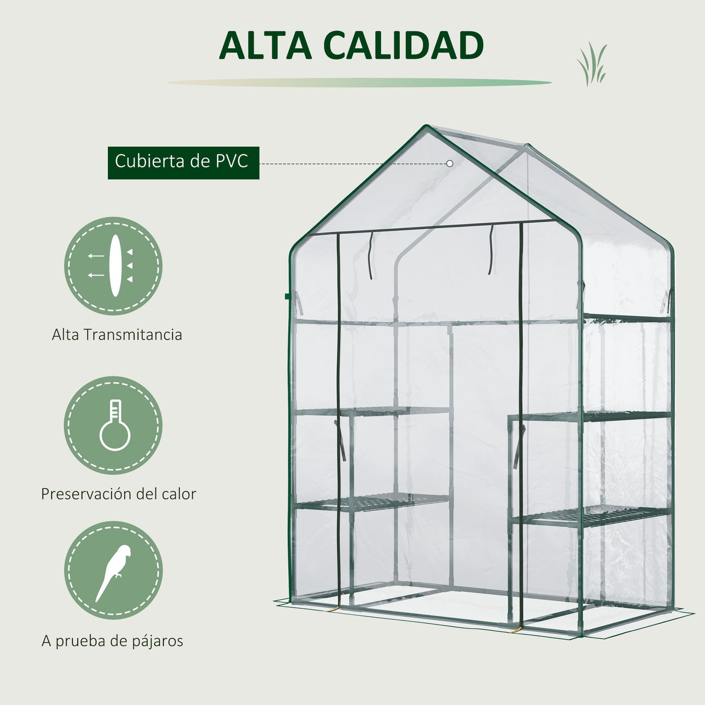 Outsunny Invernadero de Jardín Invernadero de Terraza con 4 Estantes 1 Puerta con Cremallera para Cultivo de Plantas Flores Verduras 142x73x195 cm Verde