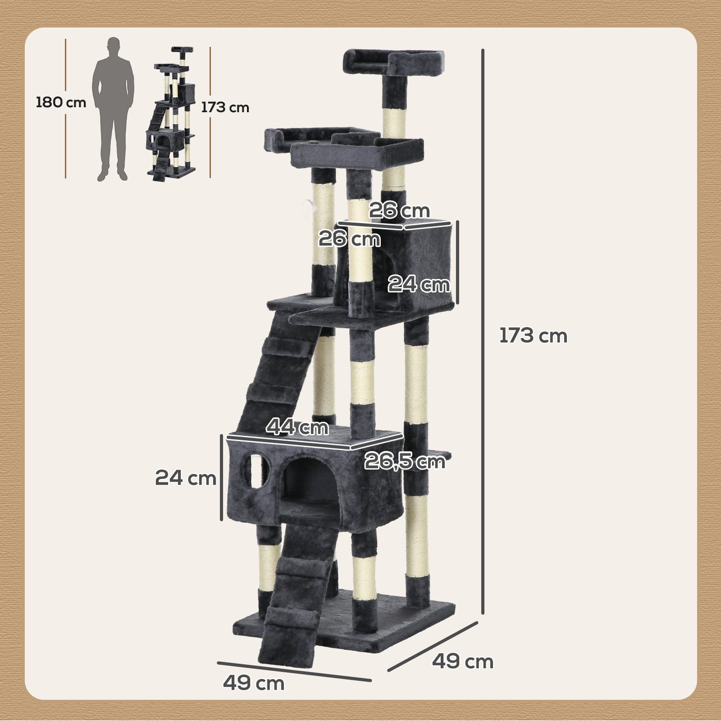 PawHut Árbol Rascador para Gatos Grande 49x49x173 cm con Múltiples Niveles con Cuevas Escaleras Juguetes Colgantes Camas Centro Actividades Sisal Gris Oscuro