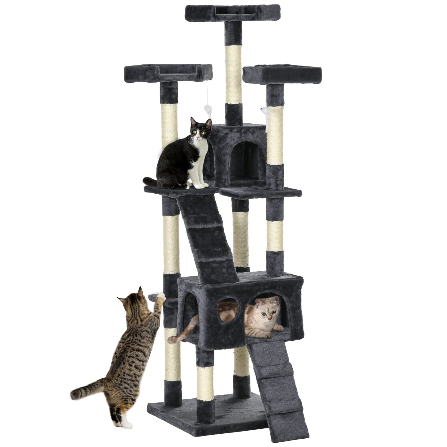 PawHut Árbol Rascador para Gatos Grande 49x49x173 cm con Múltiples Niveles con Cuevas Escaleras Juguetes Colgantes Camas Centro Actividades Sisal Gris Oscuro