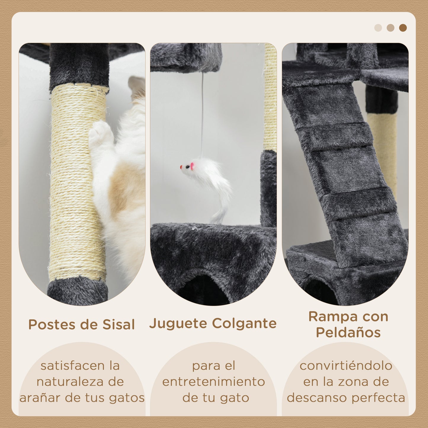 PawHut Árbol Rascador para Gatos Grande 49x49x173 cm con Múltiples Niveles con Cuevas Escaleras Juguetes Colgantes Camas Centro Actividades Sisal Gris Oscuro