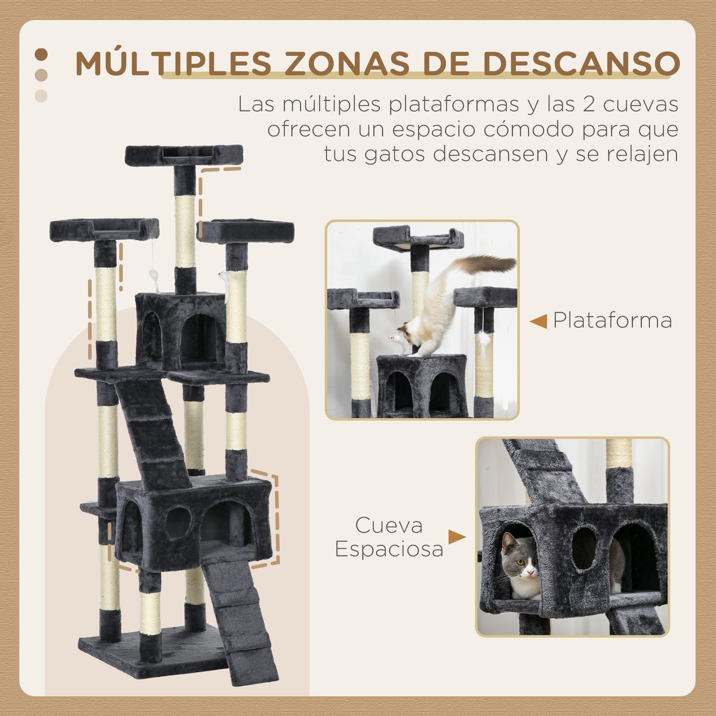 PawHut Árbol Rascador para Gatos Grande 49x49x173 cm con Múltiples Niveles con Cuevas Escaleras Juguetes Colgantes Camas Centro Actividades Sisal Gris Oscuro