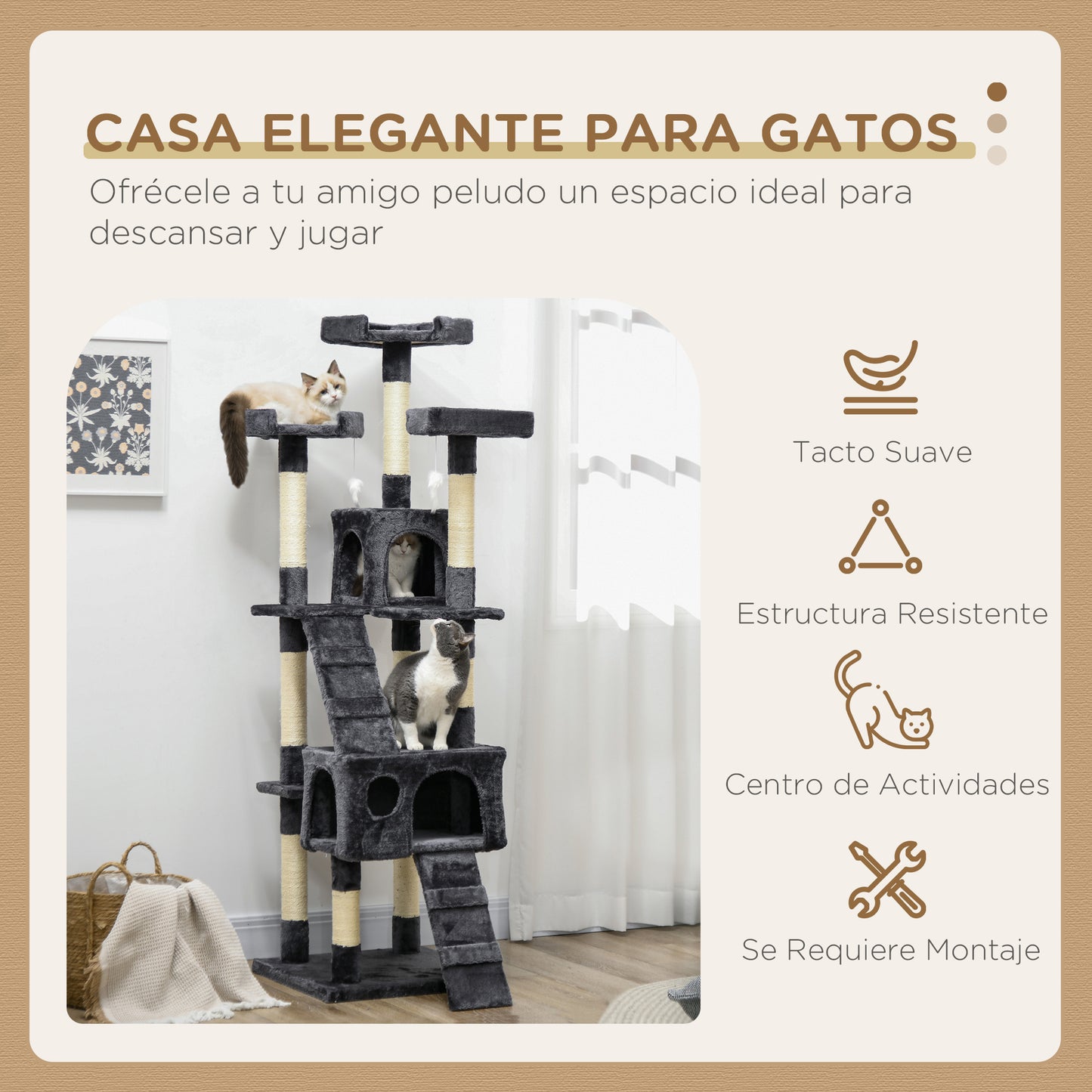 PawHut Árbol Rascador para Gatos Grande 49x49x173 cm con Múltiples Niveles con Cuevas Escaleras Juguetes Colgantes Camas Centro Actividades Sisal Gris Oscuro