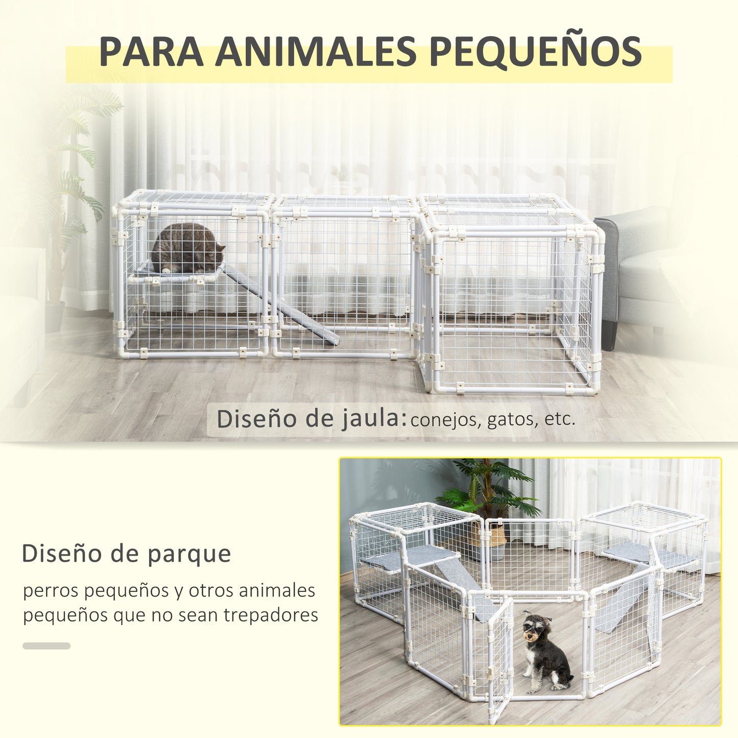 Pawhut Valla Metálica para Mascotas Parque para Conejos Conejera con 16 Paneles Puerta con Pestillo y Escalera para Cobayas Gatos Cachorros Diseño DIY 68x68x2,5 cm Blanco