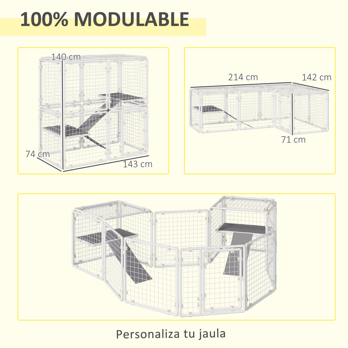 Pawhut Valla Metálica para Mascotas Parque para Conejos Conejera con 16 Paneles Puerta con Pestillo y Escalera para Cobayas Gatos Cachorros Diseño DIY 68x68x2,5 cm Blanco