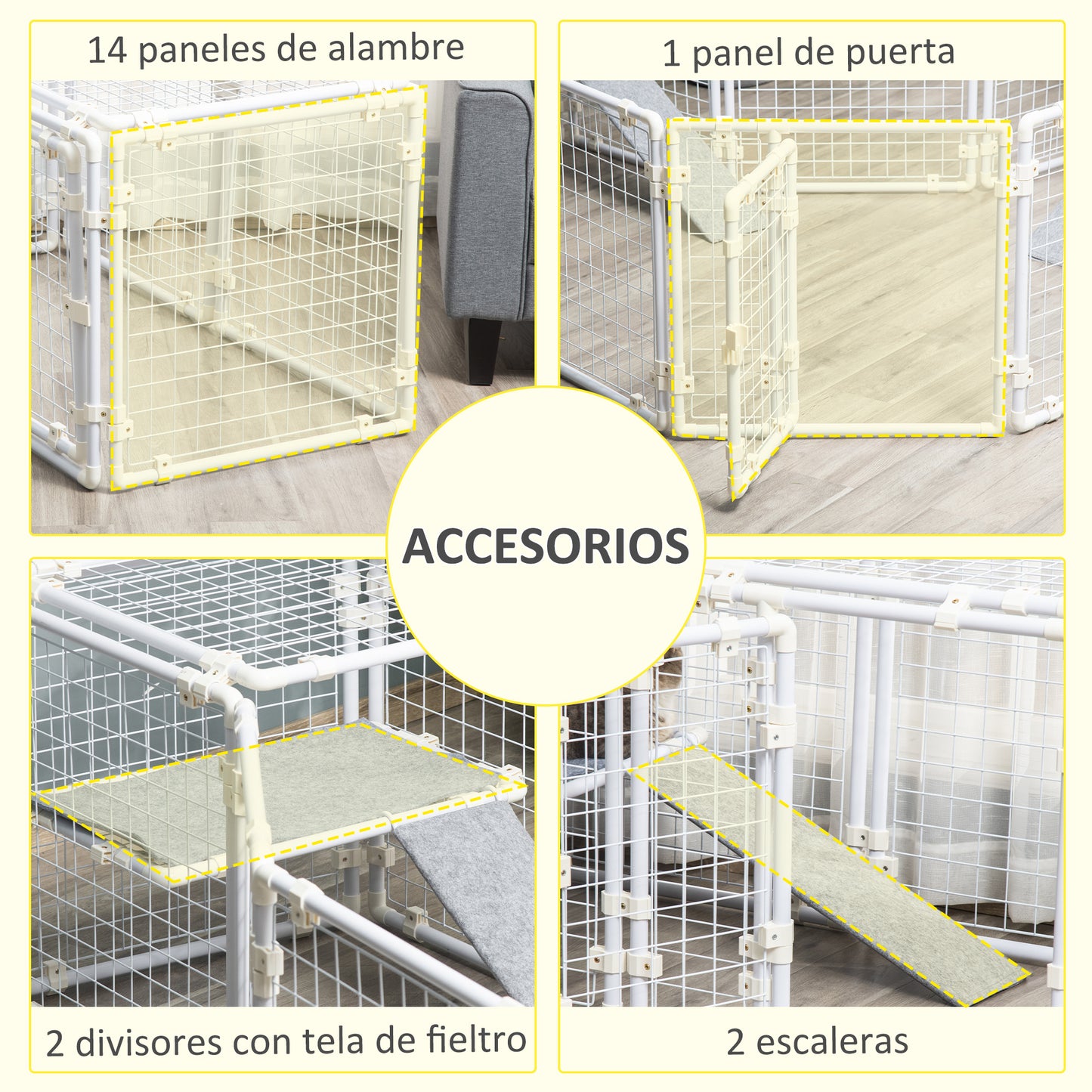 Pawhut Valla Metálica para Mascotas Parque para Conejos Conejera con 16 Paneles Puerta con Pestillo y Escalera para Cobayas Gatos Cachorros Diseño DIY 68x68x2,5 cm Blanco