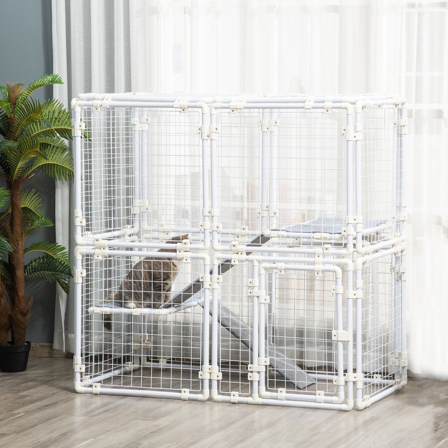 Pawhut Valla Metálica para Mascotas Parque para Conejos Conejera con 16 Paneles Puerta con Pestillo y Escalera para Cobayas Gatos Cachorros Diseño DIY 68x68x2,5 cm Blanco