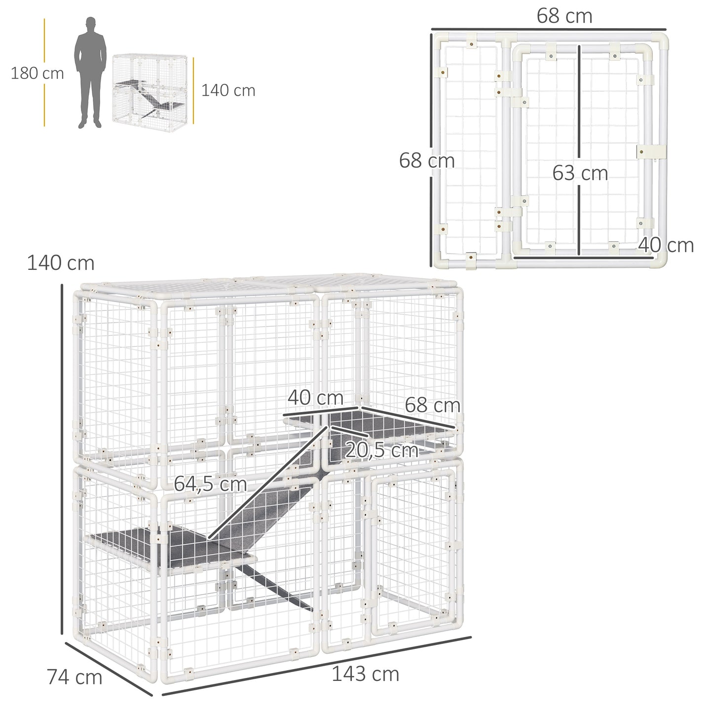 Pawhut Valla Metálica para Mascotas Parque para Conejos Conejera con 16 Paneles Puerta con Pestillo y Escalera para Cobayas Gatos Cachorros Diseño DIY 68x68x2,5 cm Blanco