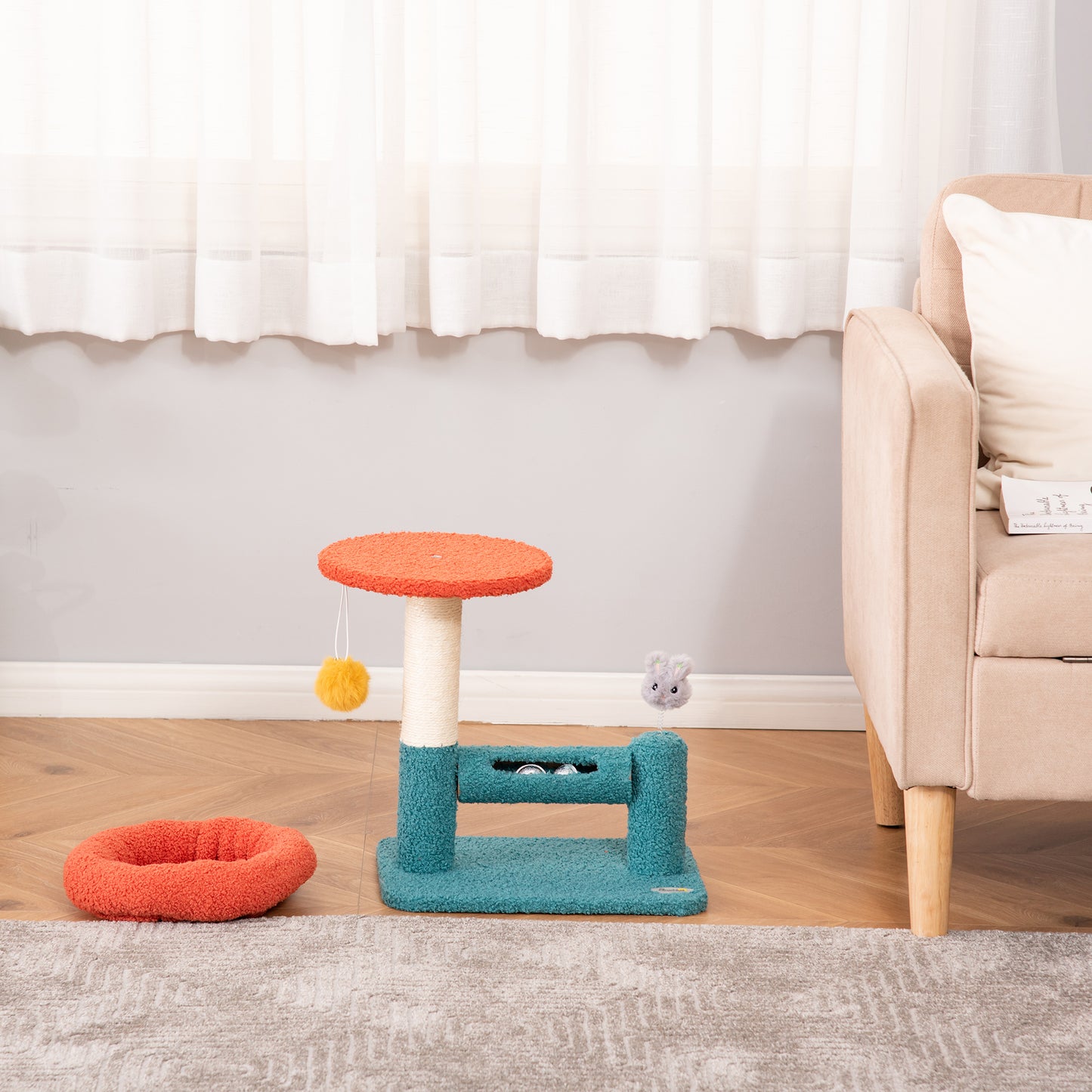 PawHut Rascador para Gatos Pequeño con Cama Extraíble Rodillo con Cascabeles Poste de Rascador de Sisal Bola Colgante y Juguete 37x25x45 cm Naranja y Azul