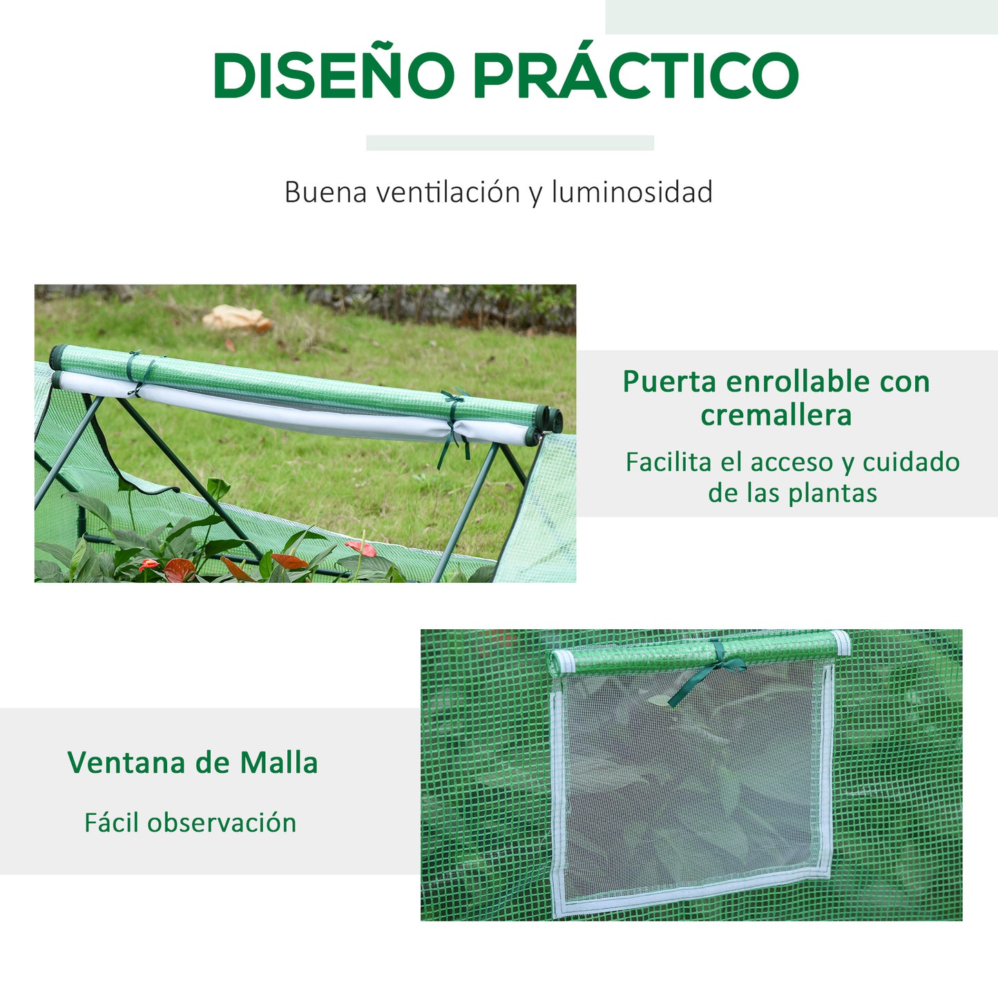 Outsunny Invernadero de Terraza Jardín 180x140x80 cm Tipo Caseta de Acero Plástico con Puertas y Ventanas Enrollables para Cultivo de Plantas Verduras Flores Verde