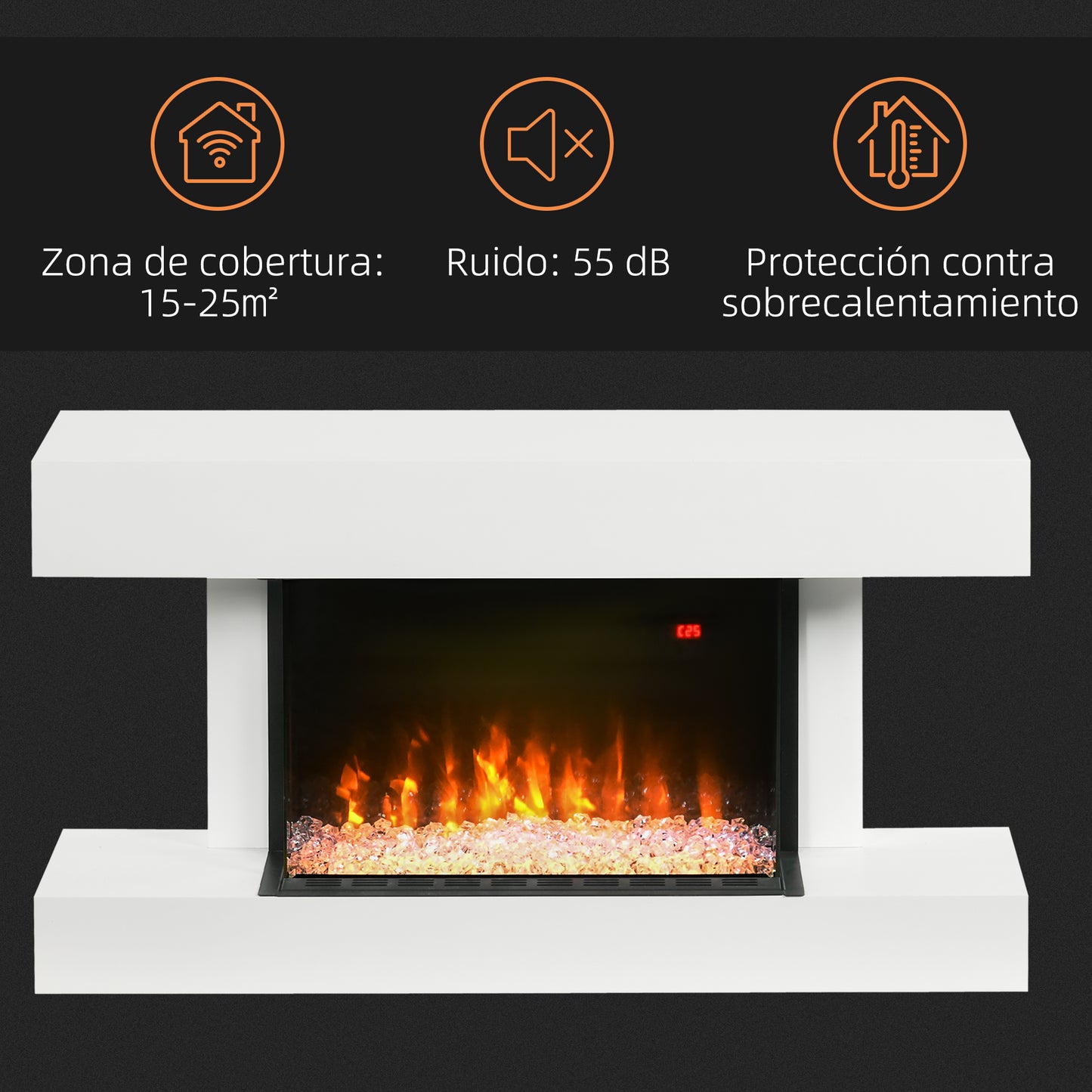 HOMCOM Chimenea Eléctrica 1000W/2000W Calentador de Chimenea Pared con Temperatura Ajustable Bajo Consumo Silencioso Temporizador y Control Remoto para Sala 15-25 m² 98x27x54,5 cm Blanco