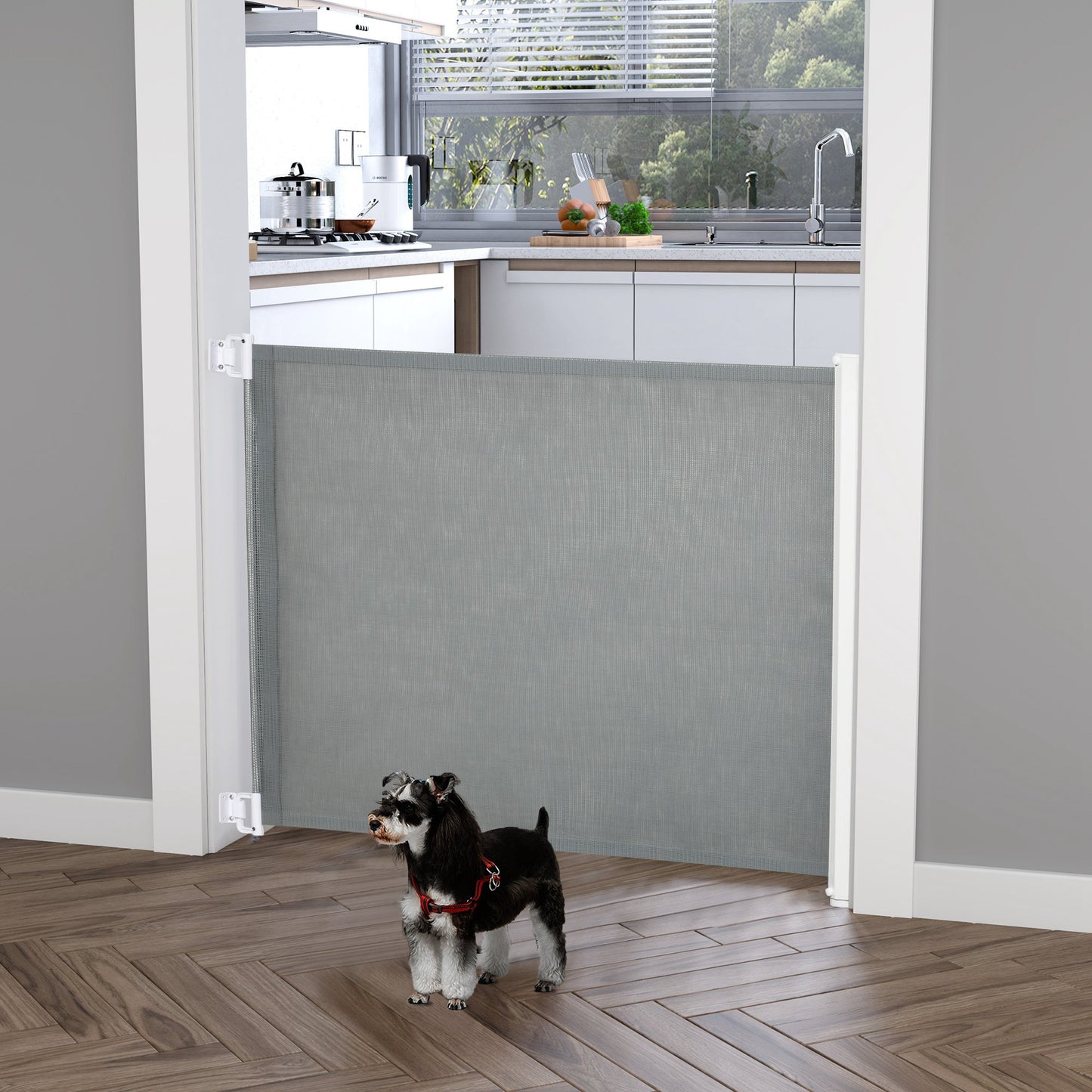 PawHut Barrera Seguridad para Perros Extensible Barrera para Mascotas con Extensión de Acero y Malla de Texteline para Escaleras y Puertas 5,5-115x5,5x82,5 cm Gris