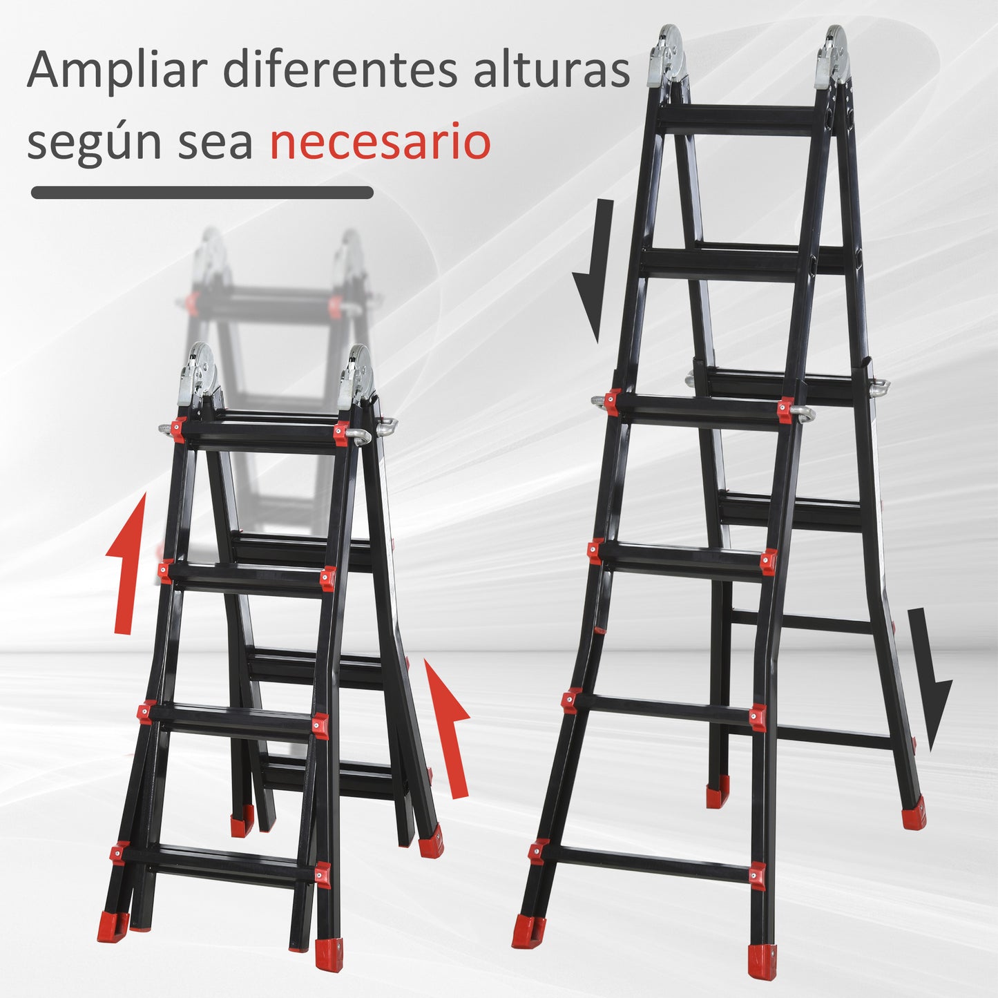 HOMCOM Escalera Telescópica de Aluminio 4 m Escalera Extensible Plegable con 8 Peldaños Ajustables y 2 Formas Escalera Multiusos Carga 150 kg Negro y Rojo