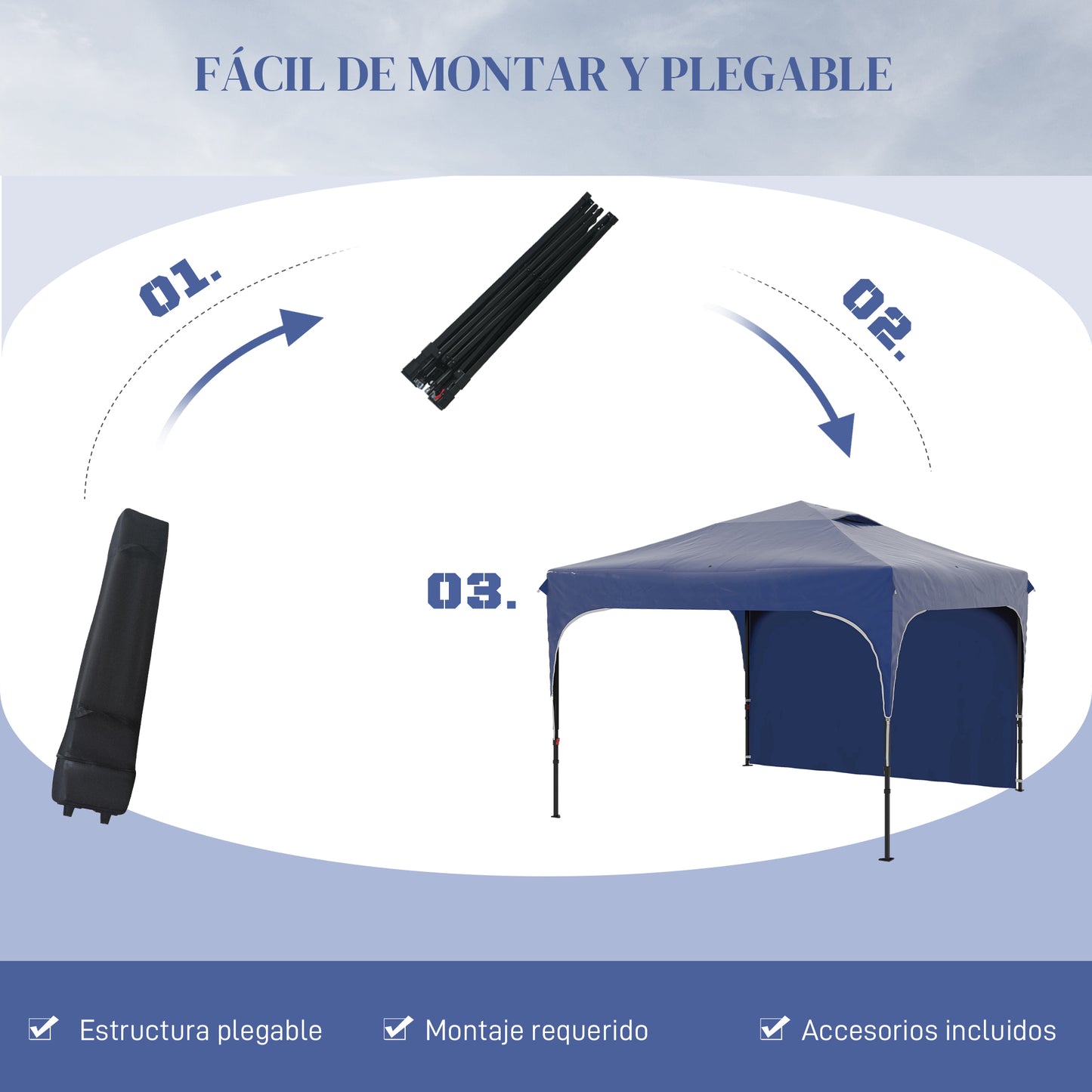 Outsunny Carpa Plegable 3x3 m Cenador de Jardín con Altura Ajustable 1 Pared Lateral Impermeable 4 Bolsas de Arena y Bolsa de Transporte Gazebo para Exterior Patio Fiestas Azul