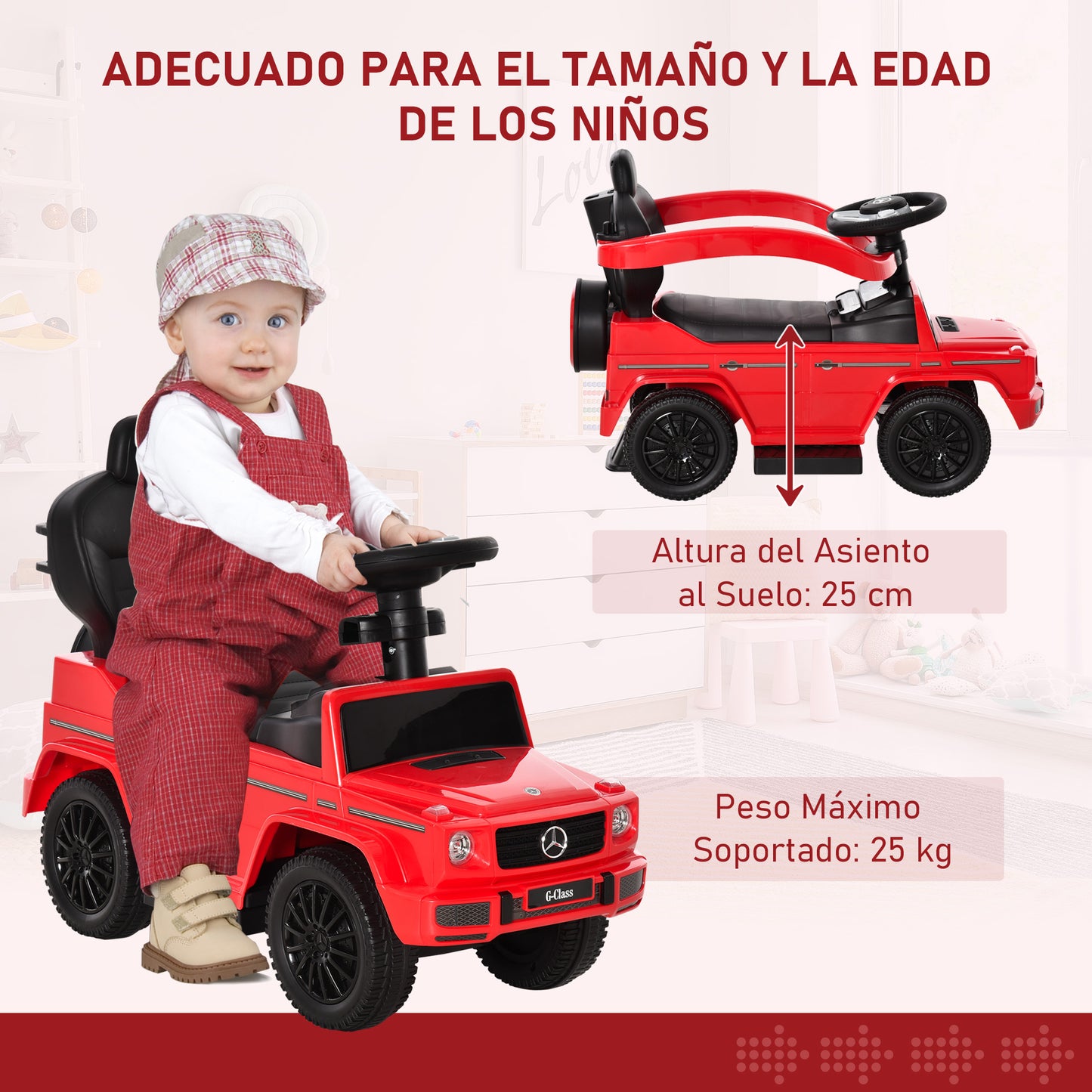 HOMCOM Correpasillos para Niños con Licencia Mercedes G350 Coche Correpasillos para Niños de 1-3 Años con Bocina Capota Extraíble y Barandilla Carga 25 kg 85,5x40,5x95 cm Rojo