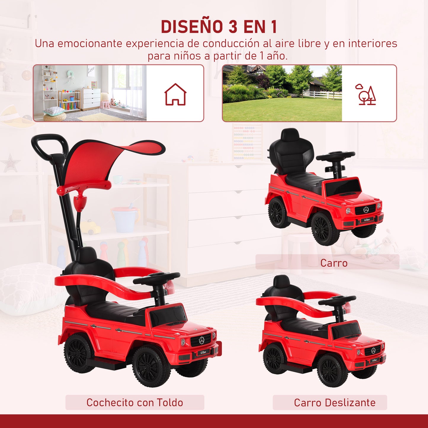 HOMCOM Correpasillos para Niños con Licencia Mercedes G350 Coche Correpasillos para Niños de 1-3 Años con Bocina Capota Extraíble y Barandilla Carga 25 kg 85,5x40,5x95 cm Rojo