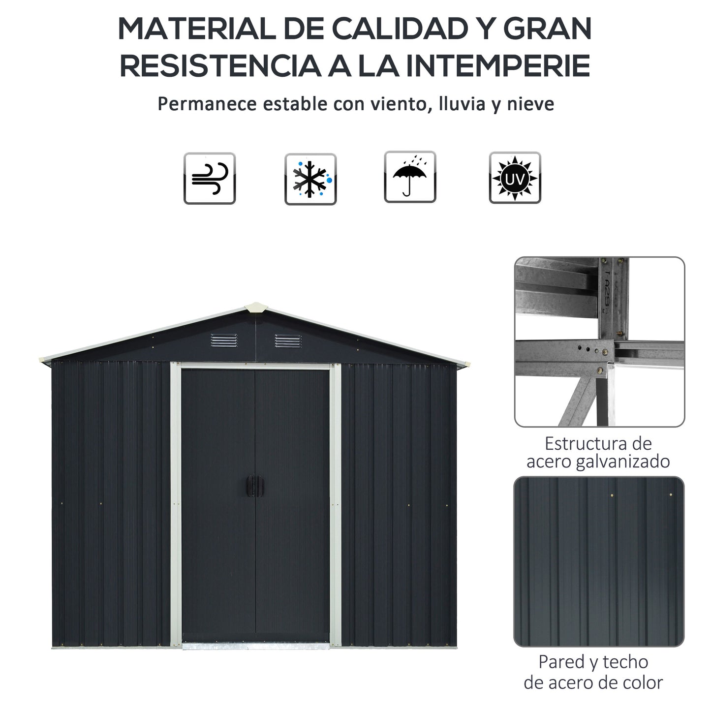 Outsunny Caseta de Jardín de 3,6 m² 236x174x190 cm Cobertizo Exterior de Metálico para Almacenar Herramientas con Puertas Correderas y 4 Ventanas para Terraza Patio Gris