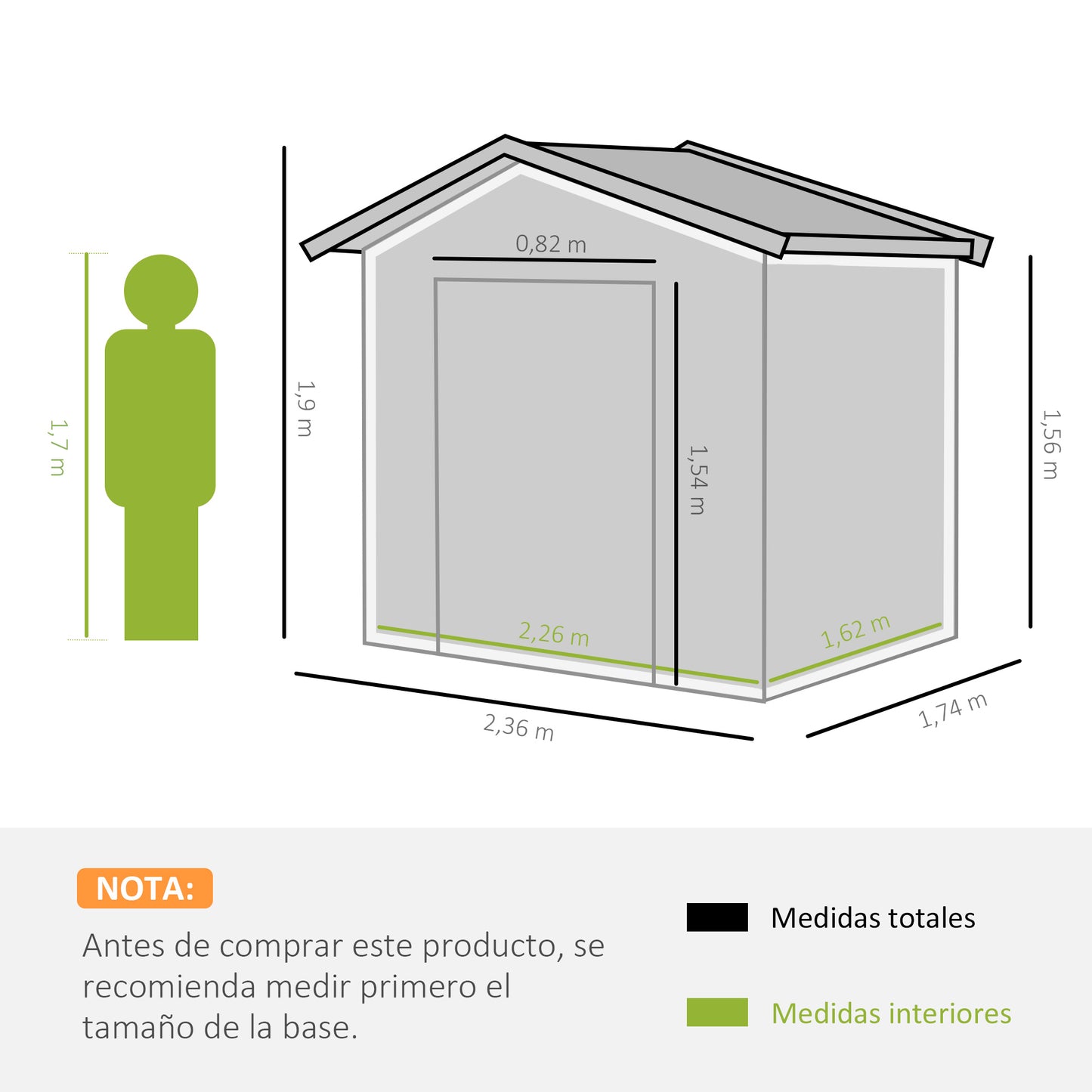 Outsunny Caseta de Jardín de 3,6 m² 236x174x190 cm Cobertizo Exterior de Metálico para Almacenar Herramientas con Puertas Correderas y 4 Ventanas para Terraza Patio Gris