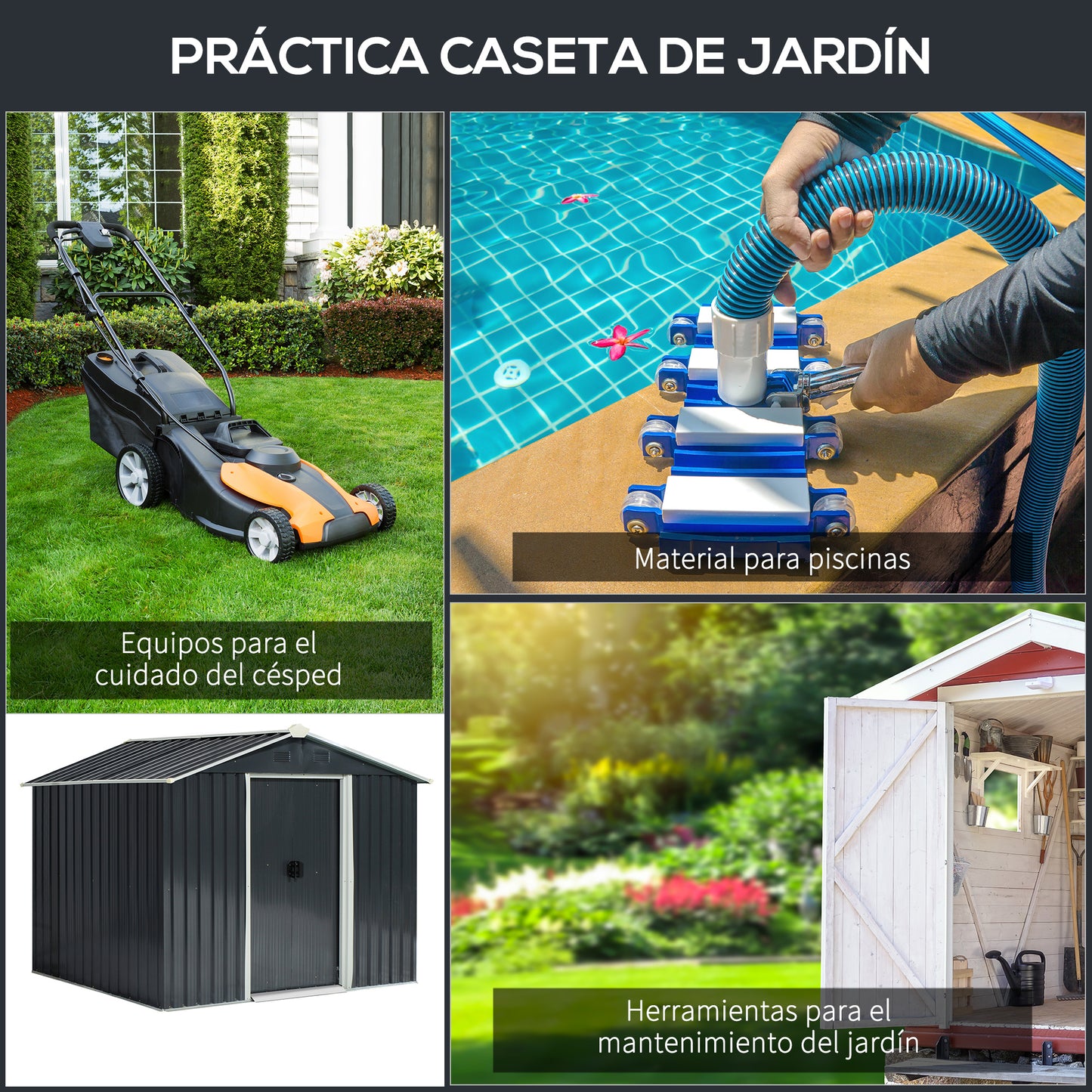 Outsunny Caseta de Jardín de 3,6 m² 236x174x190 cm Cobertizo Exterior de Metálico para Almacenar Herramientas con Puertas Correderas y 4 Ventanas para Terraza Patio Gris