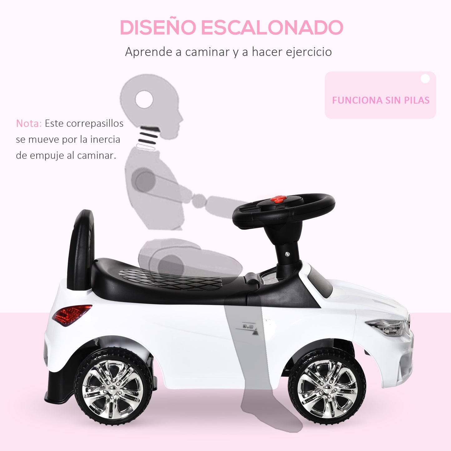 HOMCOM Coche Correpasillos para Niños de 18-36 Meses con Faros Música Bocina Volante Espacio de Almacenaje y Asa para Empujar 63,5x28x36 cm Blanco