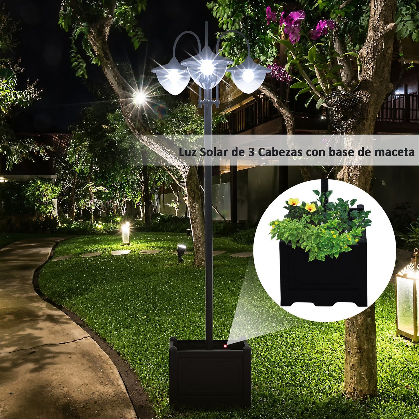 Outsunny Farol Solar de Jardín con 18 Luces LED Blanca Fría 6000K Impermeable IP44 Sensor de Noche y Base de Maceta Farola de Exterior para Camino Terraza Patio 60x55x189 cm Negro