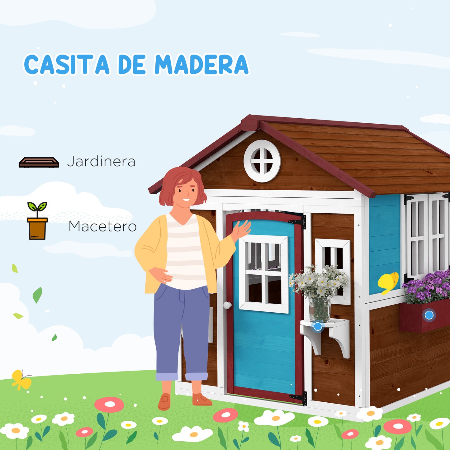 Outsunny Casa de Jardín Infantil Casa de Madera para Niños con Puerta Ventanas Jardineras y Soportes de Flores 114x126,4x135 cm Marrón Oscuro