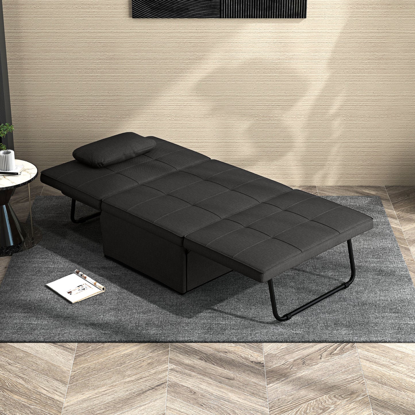 HOMCOM Sofá Cama Plegable 3 en 1 Sofá Cama de 1 Plaza Tapizado en Lino Sofá Cama Convertible con Respaldo Ajustable en 5 Posiciones Reposapiés y Reposacabezas Carga 200 kg Negro