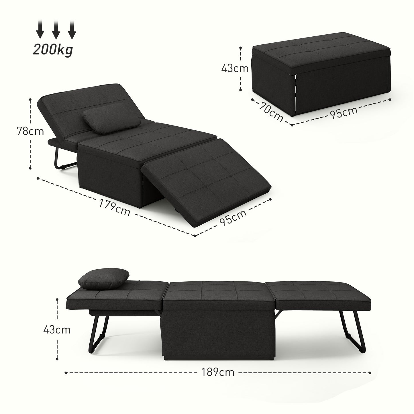 HOMCOM Sofá Cama Plegable 3 en 1 Sofá Cama de 1 Plaza Tapizado en Lino Sofá Cama Convertible con Respaldo Ajustable en 5 Posiciones Reposapiés y Reposacabezas Carga 200 kg Negro