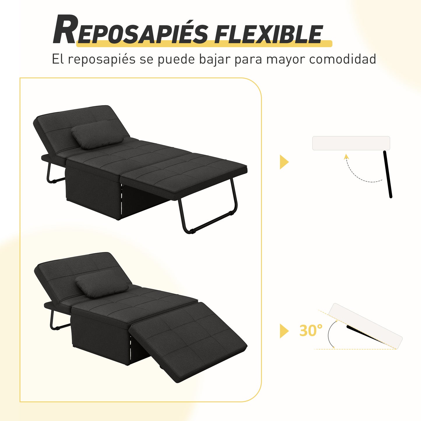 HOMCOM Sofá Cama Plegable 3 en 1 Sofá Cama de 1 Plaza Tapizado en Lino Sofá Cama Convertible con Respaldo Ajustable en 5 Posiciones Reposapiés y Reposacabezas Carga 200 kg Negro