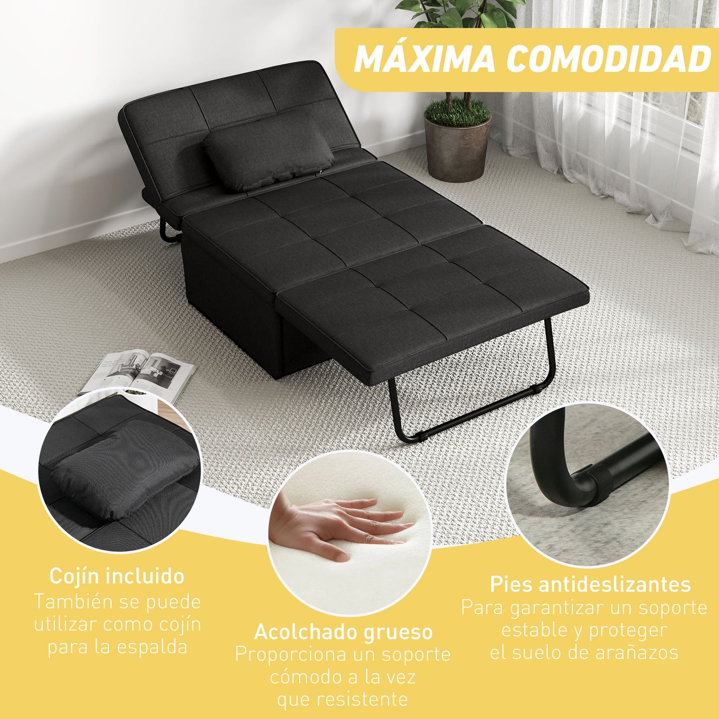 HOMCOM Sofá Cama Plegable 3 en 1 Sofá Cama de 1 Plaza Tapizado en Lino Sofá Cama Convertible con Respaldo Ajustable en 5 Posiciones Reposapiés y Reposacabezas Carga 200 kg Negro