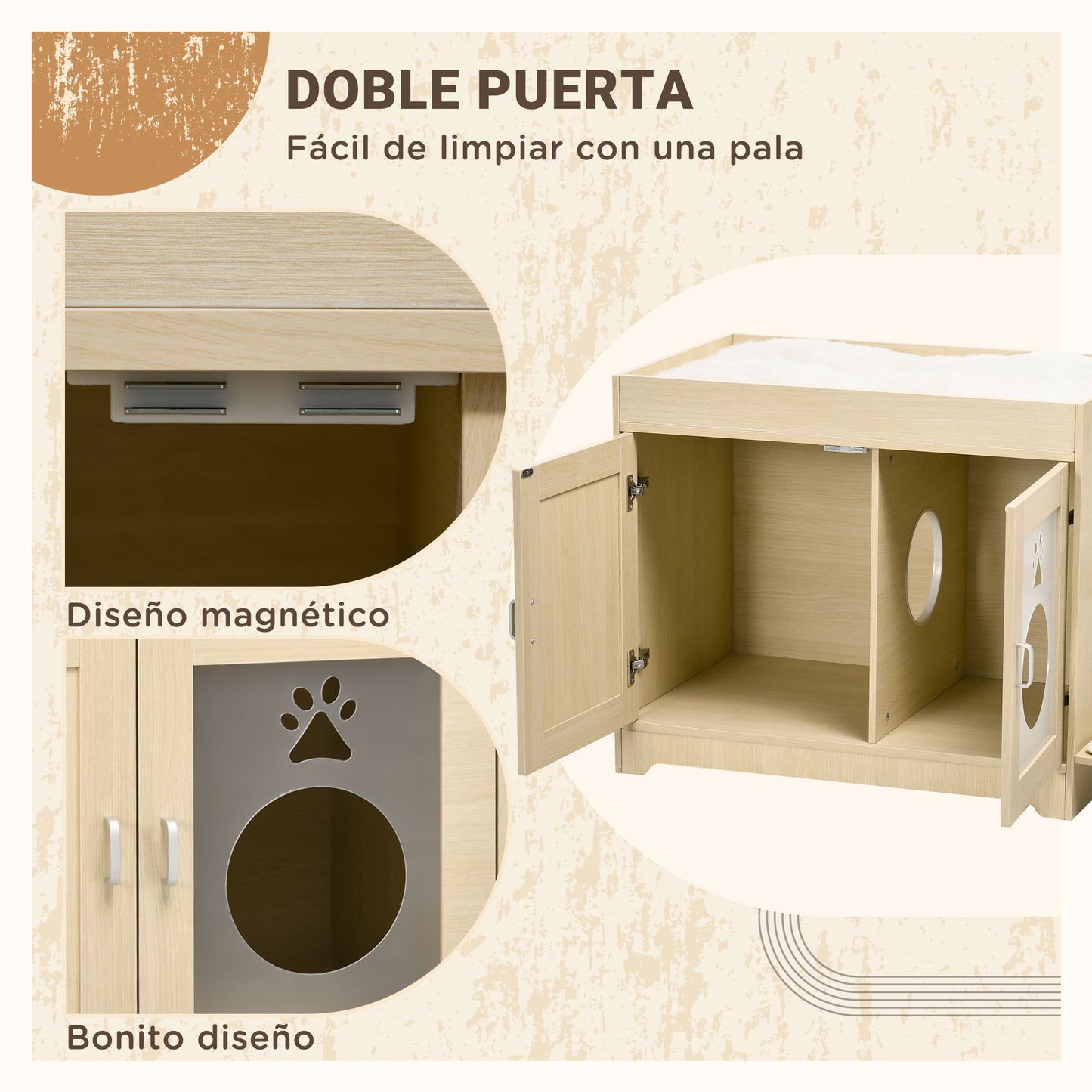 PawHut Arenero para Gatos de Madera con 2 Puertas Mueble Arenero para Gatos con Cama Cojín Suave 3 Plataformas y Postes de Sisal 107x54x70 cm Roble