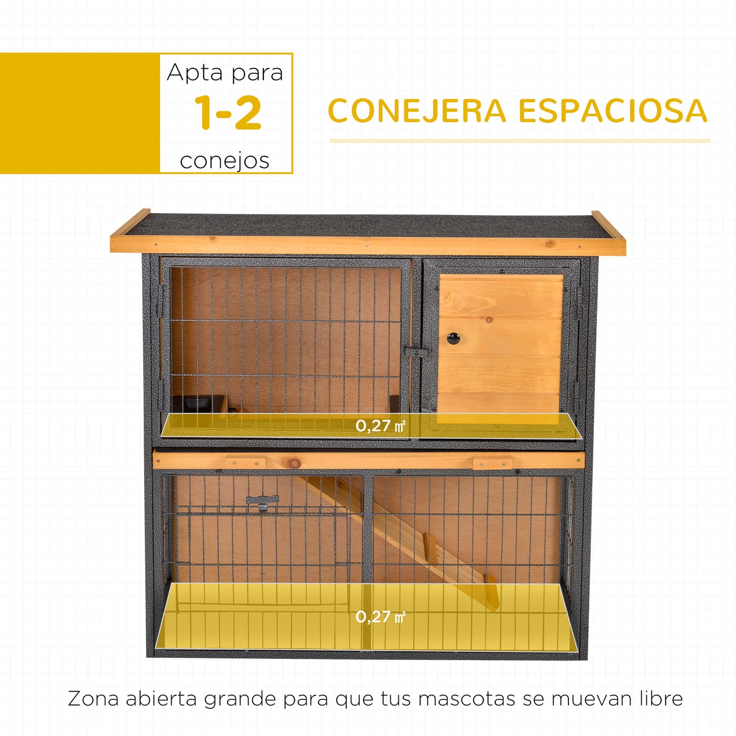 PawHut Conejera de Exterior de Madera Jaula para Mascotas Pequeñas 2 Niveles con Rampa Bandeja Extraíble Puertas con Cerraduras 89,5x45x81 cm Madera y Gris