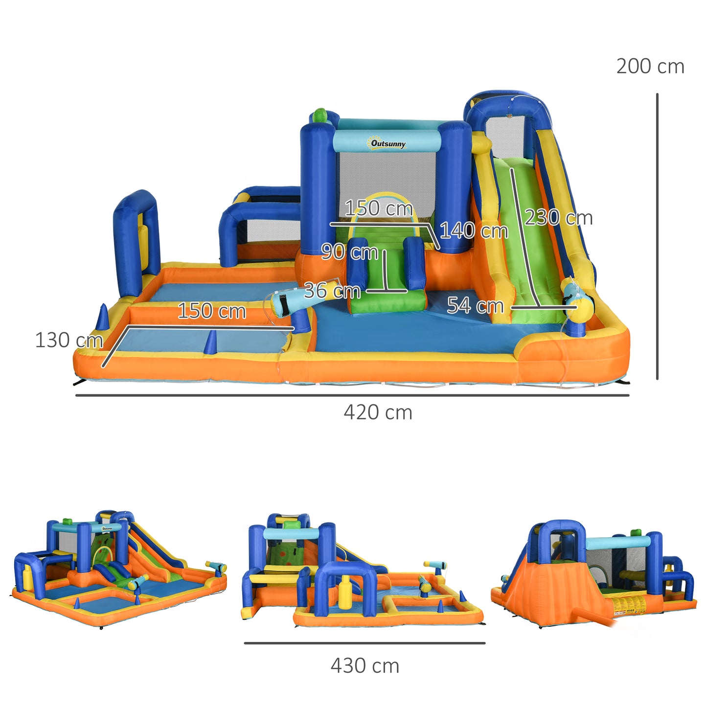 Outsunny Castillo Hinchable Infantil 7 en 1 Castillo Hinchable para Niños Parque Acuático con Tobogán Piscina Muro de Escalada Inflador y Bolsa de Transporte 430x420x200 cm Multicolor