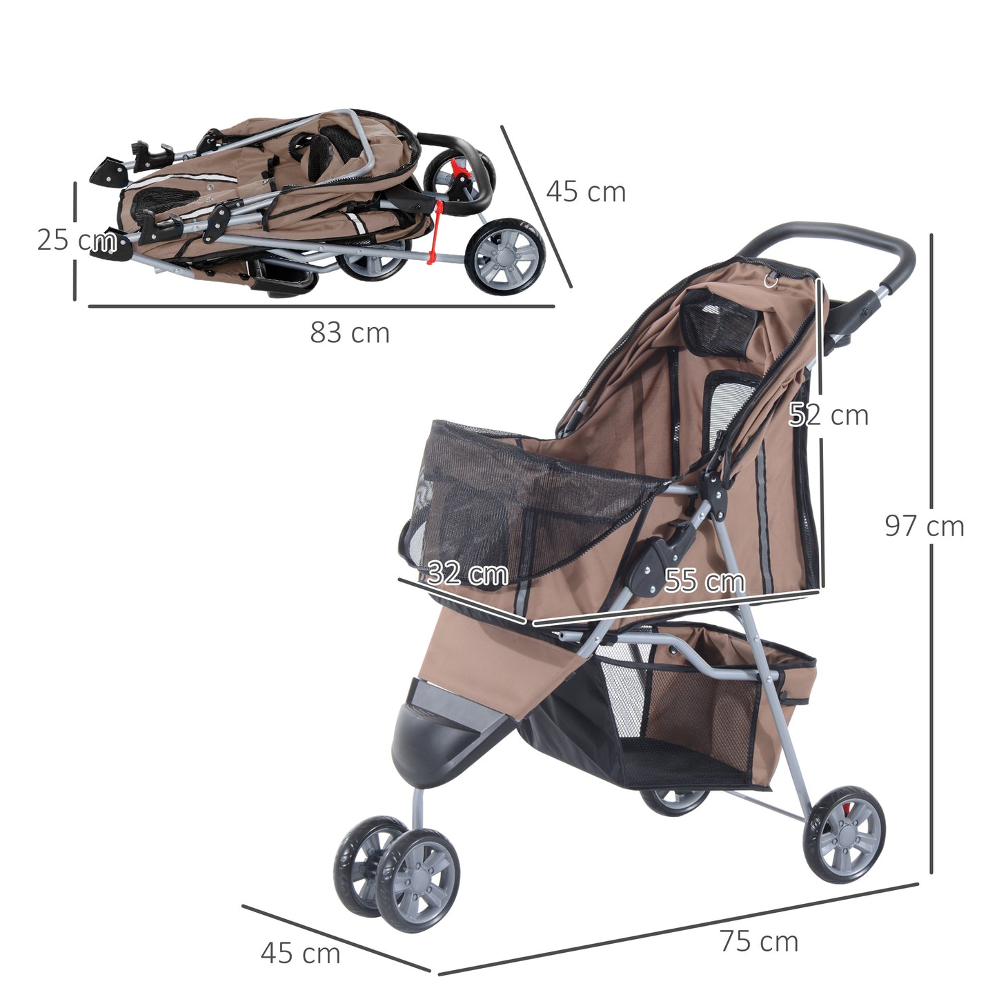 PawHut Carrito para Perros Plegable Cochecito para Mascotas Carrito para Perros Pequeños con Cesta de Almacenaje Ventanas de Malla y 2 Ruedas Universales 75x45x97 cm Café