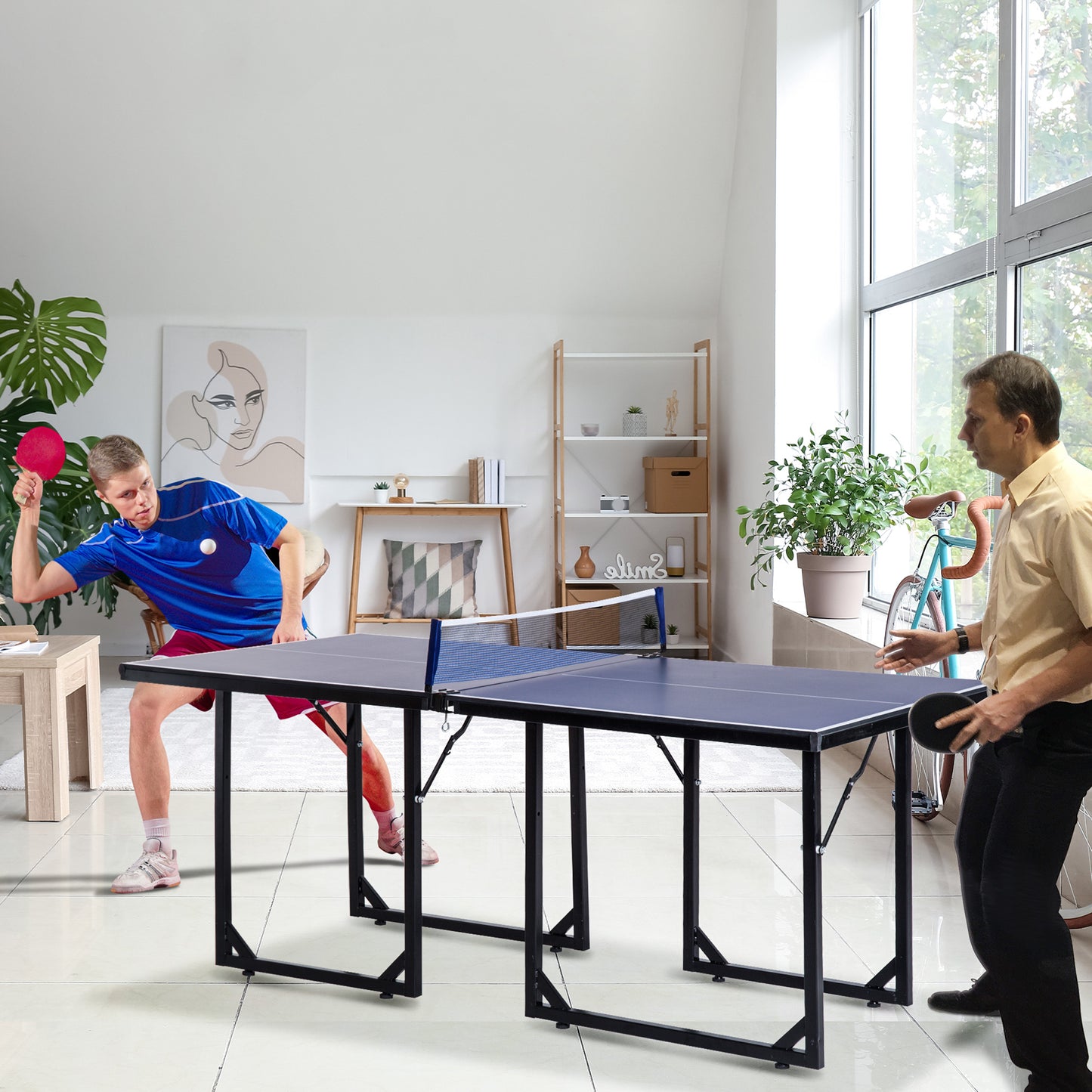 HOMCOM Mesa de Ping-Pong Plegable Mesa de Tenis de Mesa con Red y Marco de Acero para Interior y Exterior 182x91x76 cm Azul