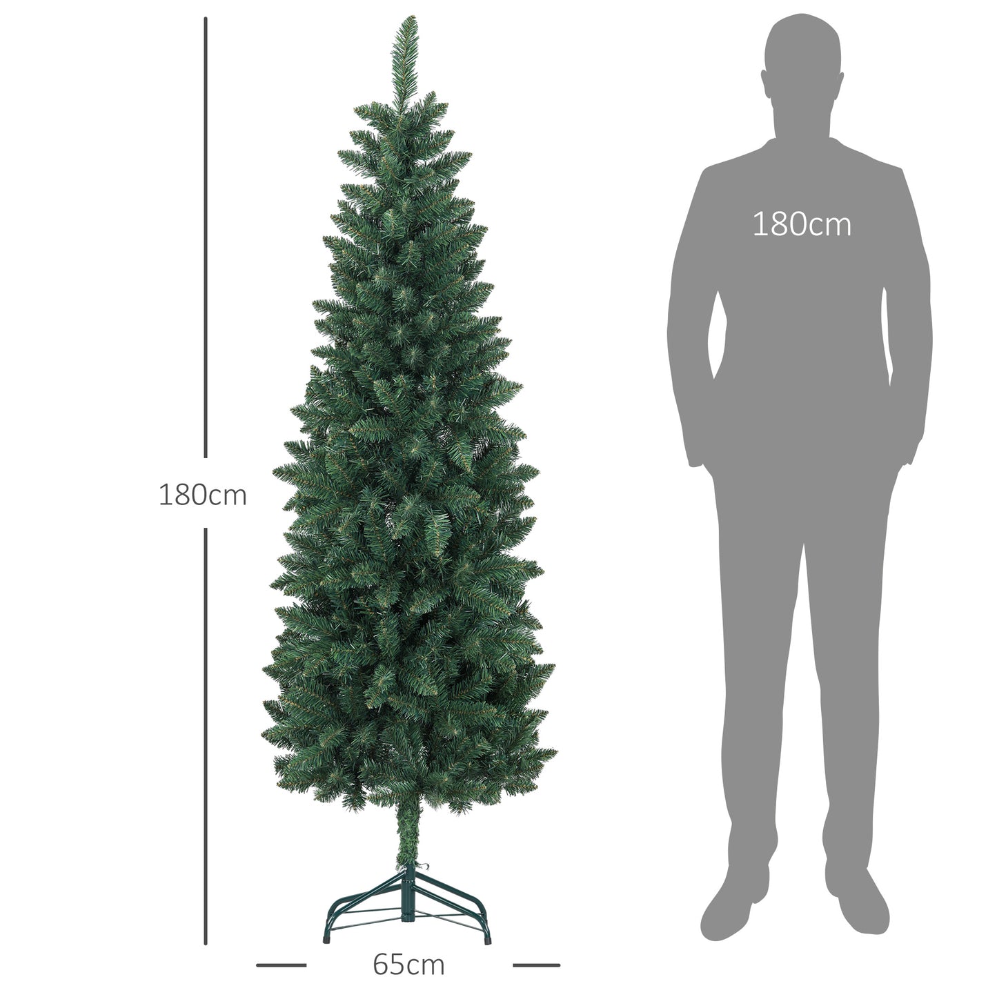 HOMCOM Árbol de Navidad Estrecho 180 cm Árbol de Navidad Grande Tipo Lápiz con Base Plegable y 479 Ramas para Dormitorio Oficina Verde