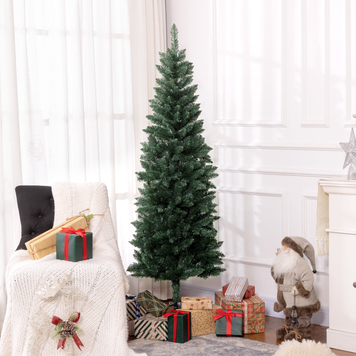 HOMCOM Árbol de Navidad Estrecho 180 cm Árbol de Navidad Grande Tipo Lápiz con Base Plegable y 479 Ramas para Dormitorio Oficina Verde